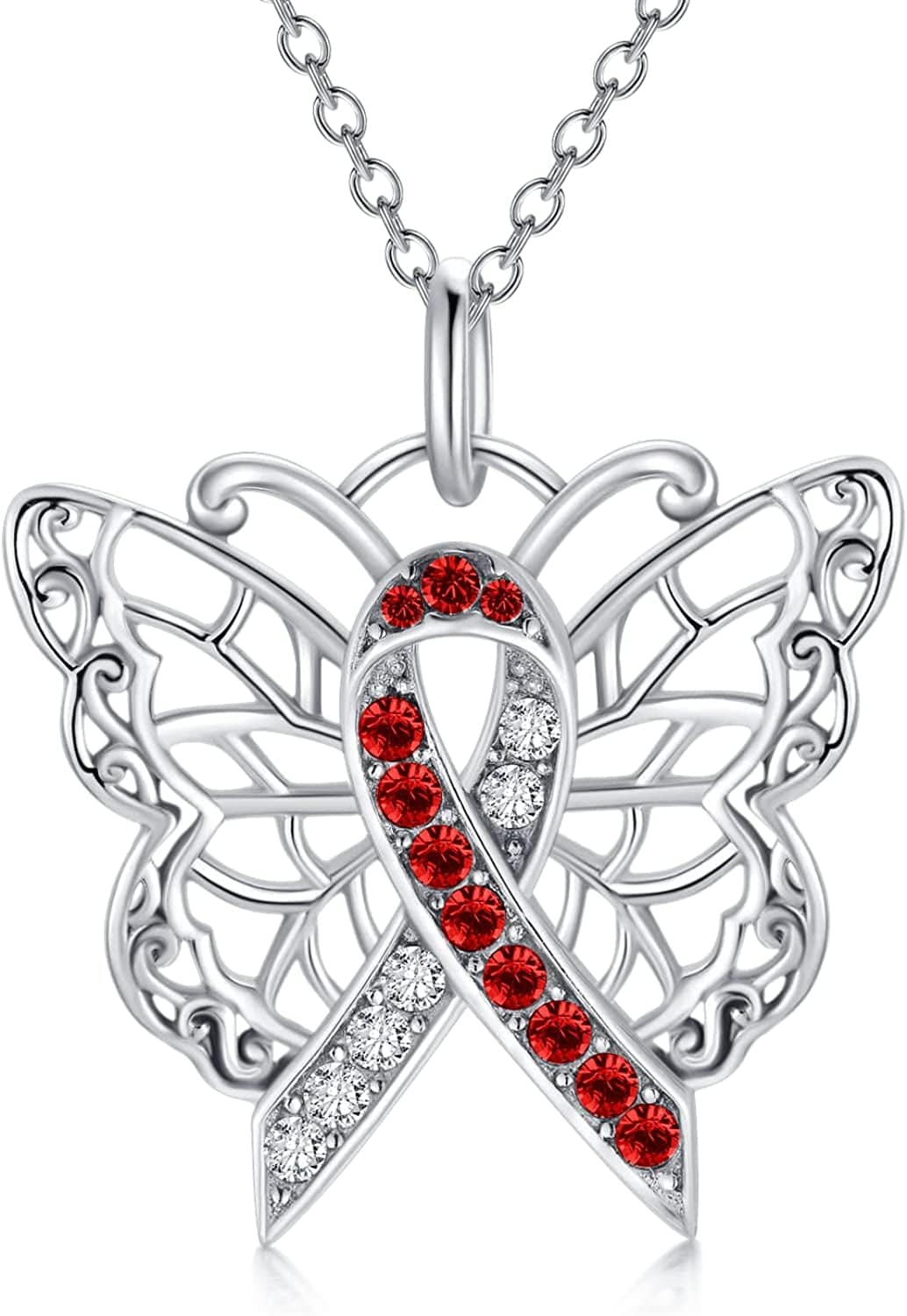 925 Sterling Silver Butterfly/Dragonfly Breast Cancer Awareness Pink Ribbon Pendant Necklace with Austrian Crystals, Breast Cancer Survivor Gifts for Women 01-Butterfly-red white