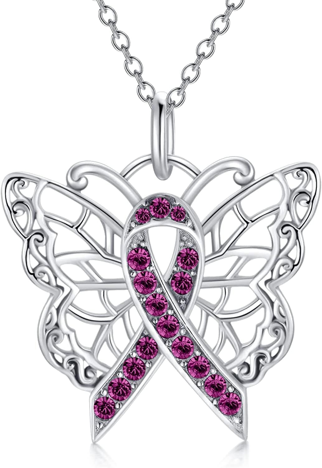 925 Sterling Silver Butterfly/Dragonfly Breast Cancer Awareness Pink Ribbon Pendant Necklace with Austrian Crystals, Breast Cancer Survivor Gifts for Women 01-Butterfly-purple