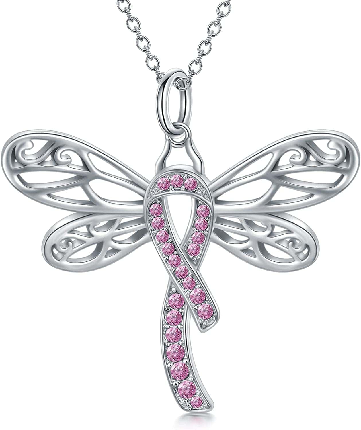 925 Sterling Silver Butterfly/Dragonfly Breast Cancer Awareness Pink Ribbon Pendant Necklace with Austrian Crystals, Breast Cancer Survivor Gifts for Women 02-Dragonfly