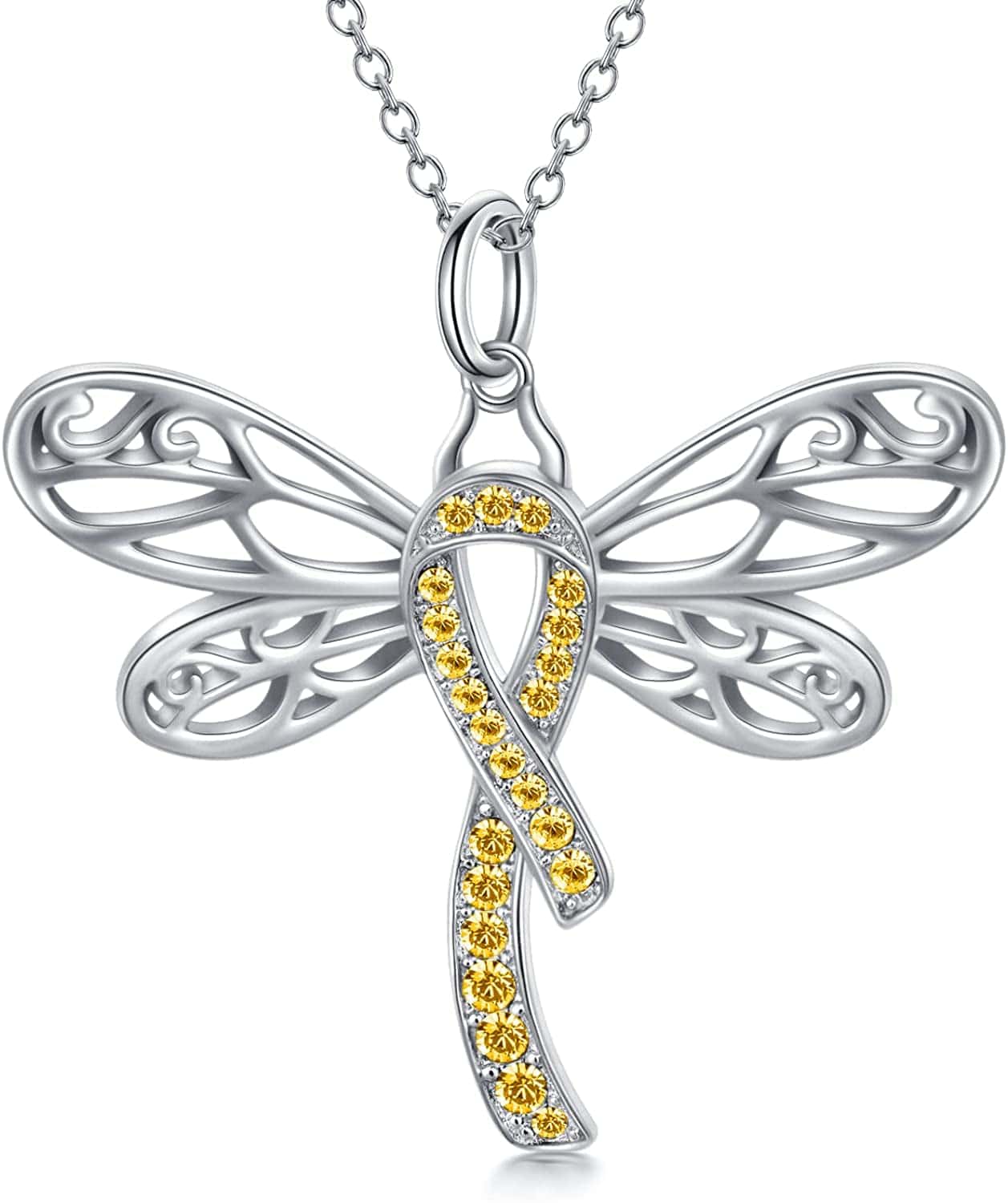 925 Sterling Silver Butterfly/Dragonfly Breast Cancer Awareness Pink Ribbon Pendant Necklace with Austrian Crystals, Breast Cancer Survivor Gifts for Women 02-Dragonfly-yellow