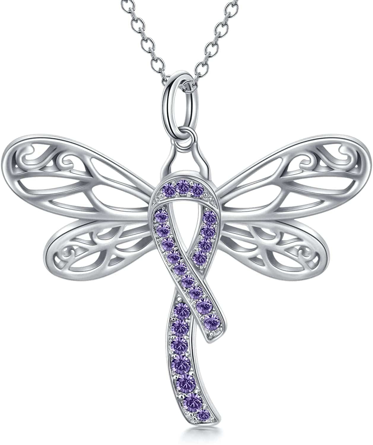 925 Sterling Silver Butterfly/Dragonfly Breast Cancer Awareness Pink Ribbon Pendant Necklace with Austrian Crystals, Breast Cancer Survivor Gifts for Women 02-Dragonfly-lavender