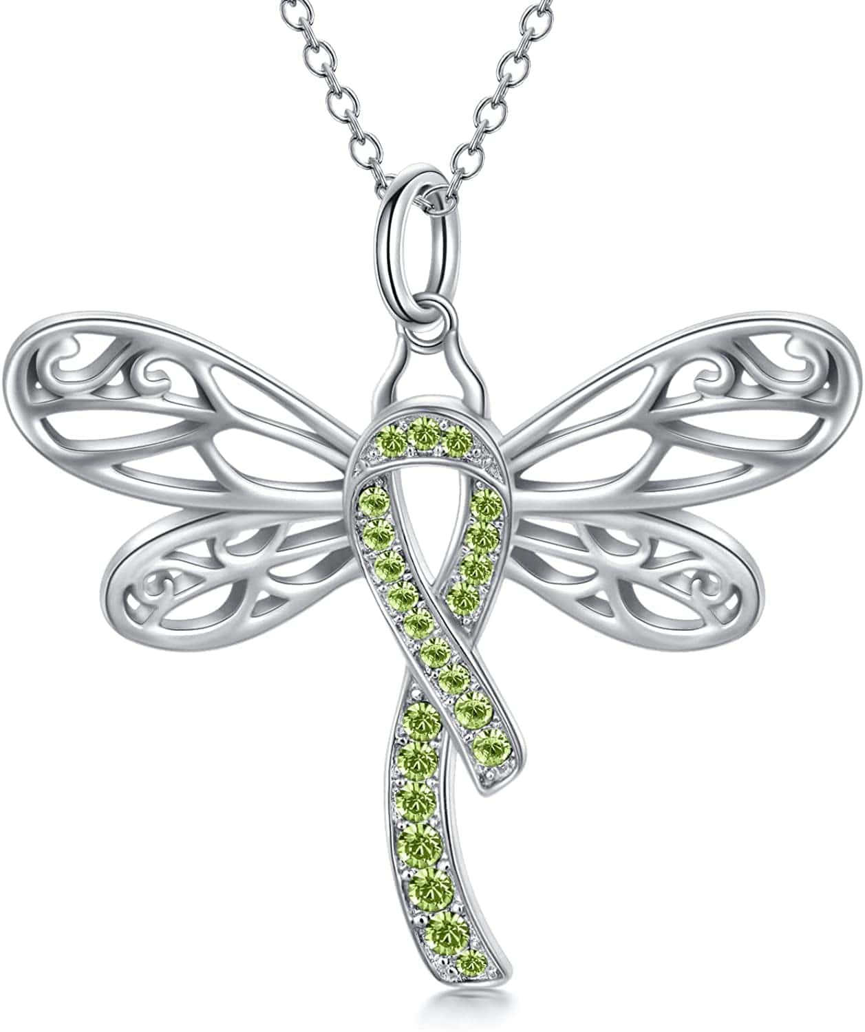 925 Sterling Silver Butterfly/Dragonfly Breast Cancer Awareness Pink Ribbon Pendant Necklace with Austrian Crystals, Breast Cancer Survivor Gifts for Women 02-Dragonfly-green