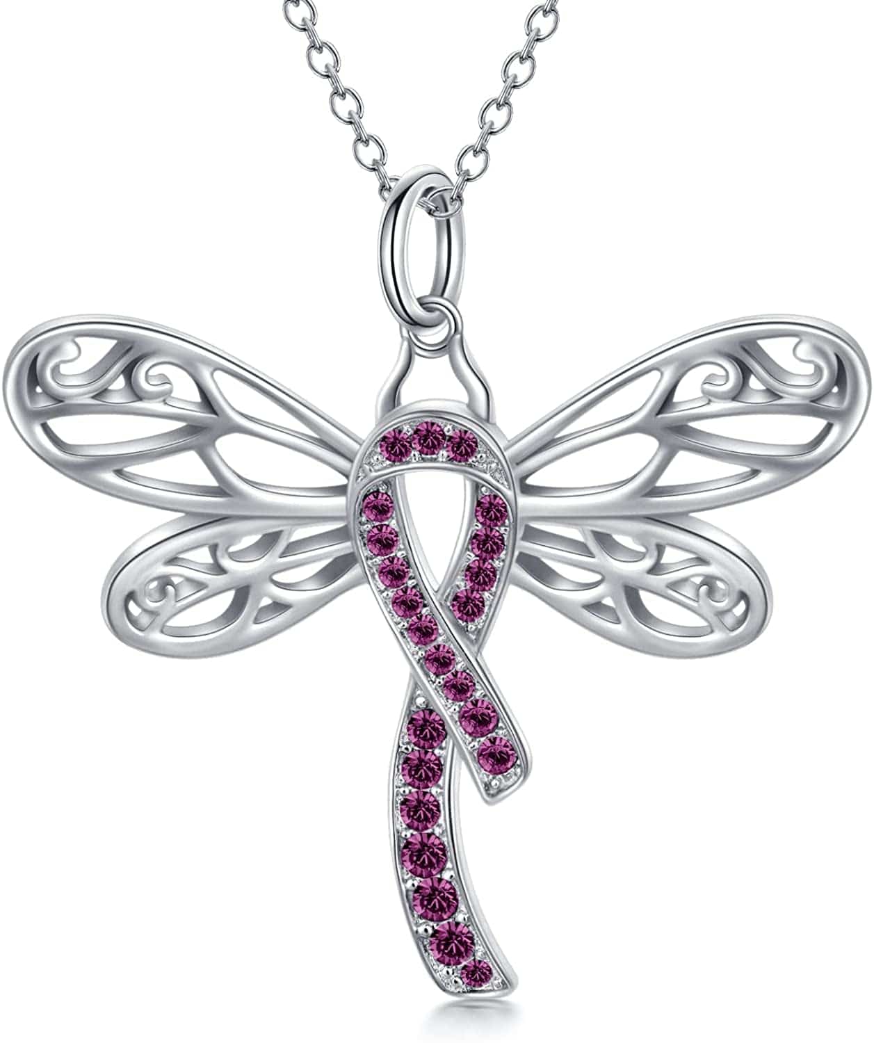925 Sterling Silver Butterfly/Dragonfly Breast Cancer Awareness Pink Ribbon Pendant Necklace with Austrian Crystals, Breast Cancer Survivor Gifts for Women 02-Dragonfly-purple