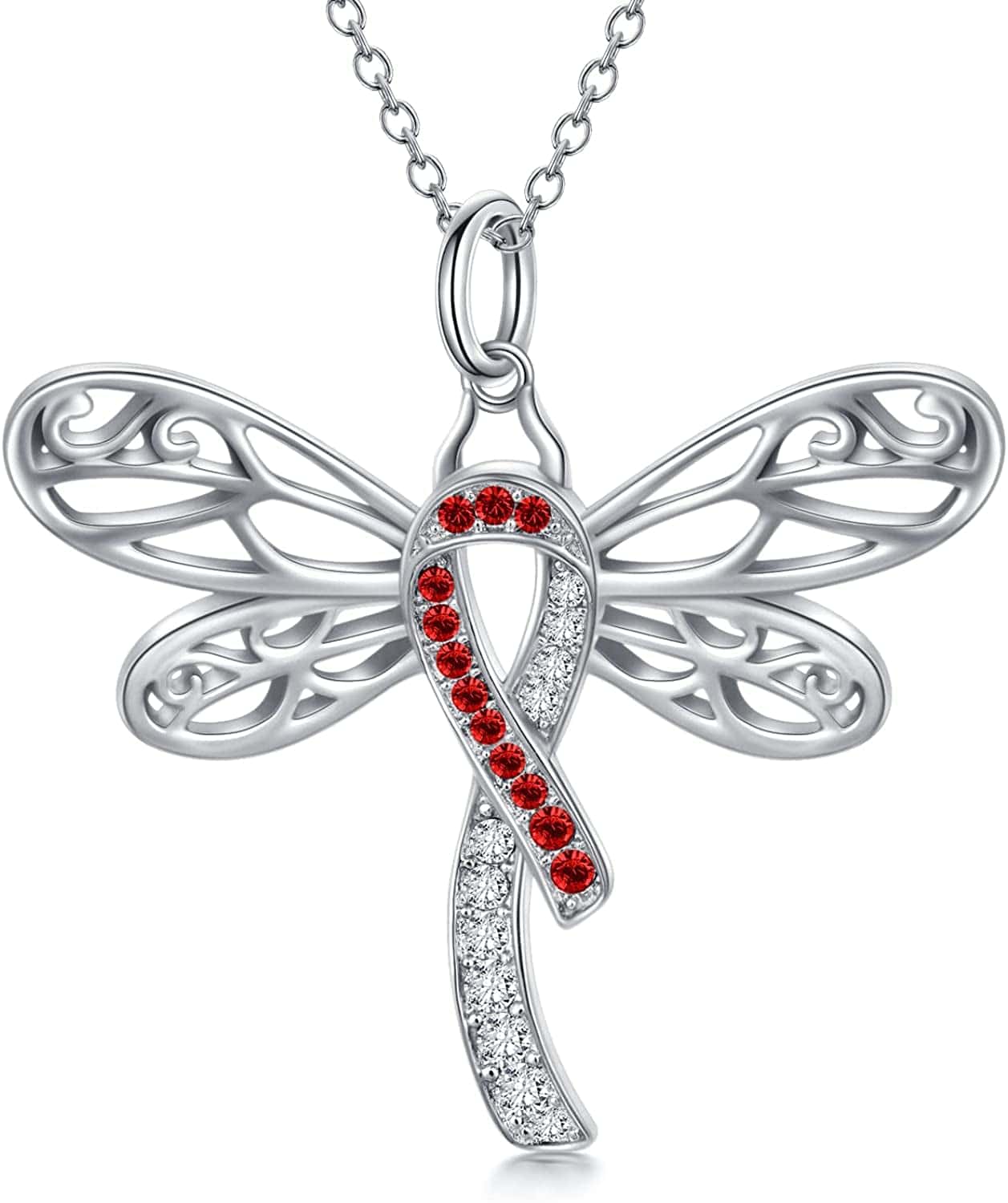 925 Sterling Silver Butterfly/Dragonfly Breast Cancer Awareness Pink Ribbon Pendant Necklace with Austrian Crystals, Breast Cancer Survivor Gifts for Women 02-Dragonfly-red white