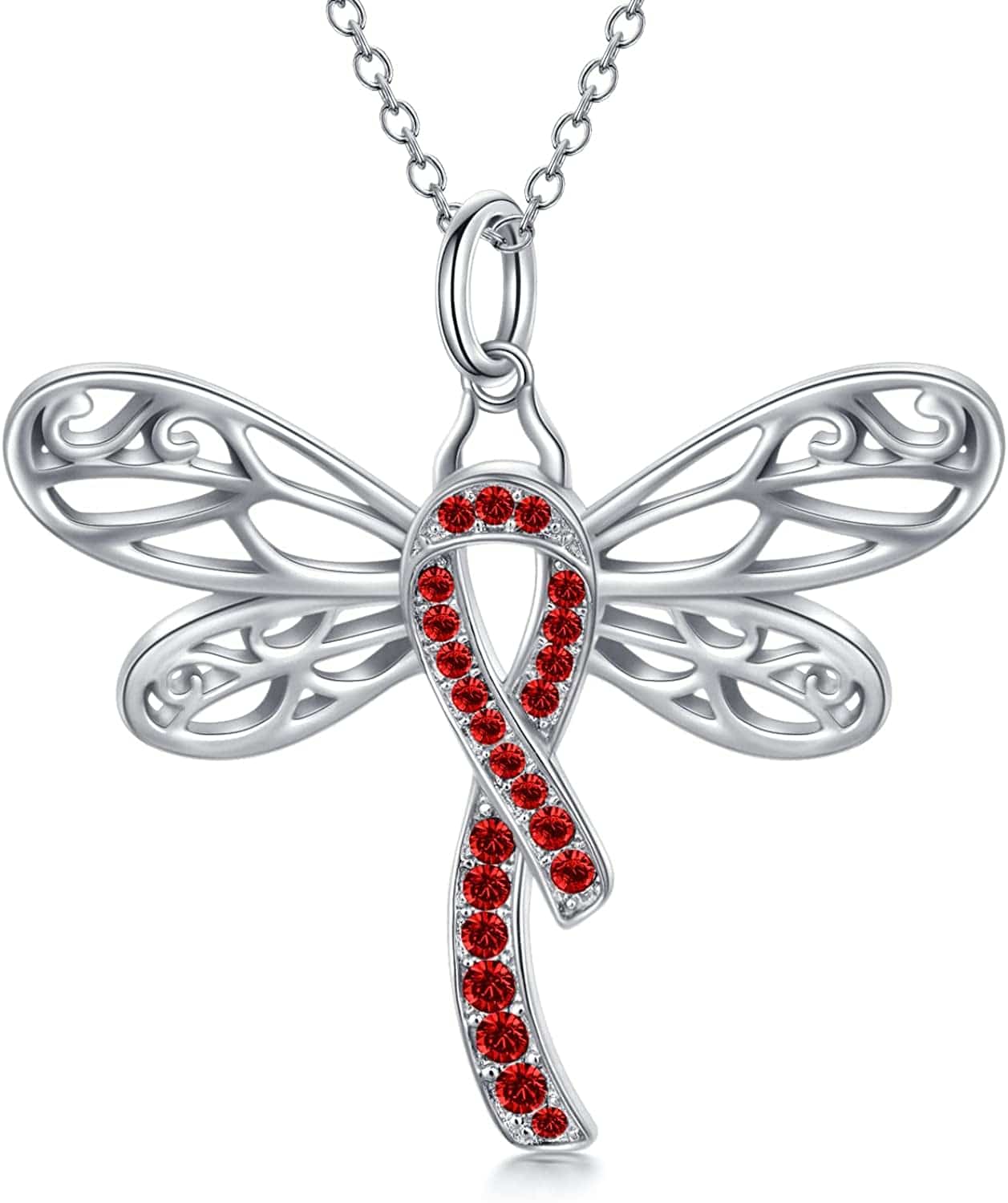 925 Sterling Silver Butterfly/Dragonfly Breast Cancer Awareness Pink Ribbon Pendant Necklace with Austrian Crystals, Breast Cancer Survivor Gifts for Women 02-Dragonfly-red