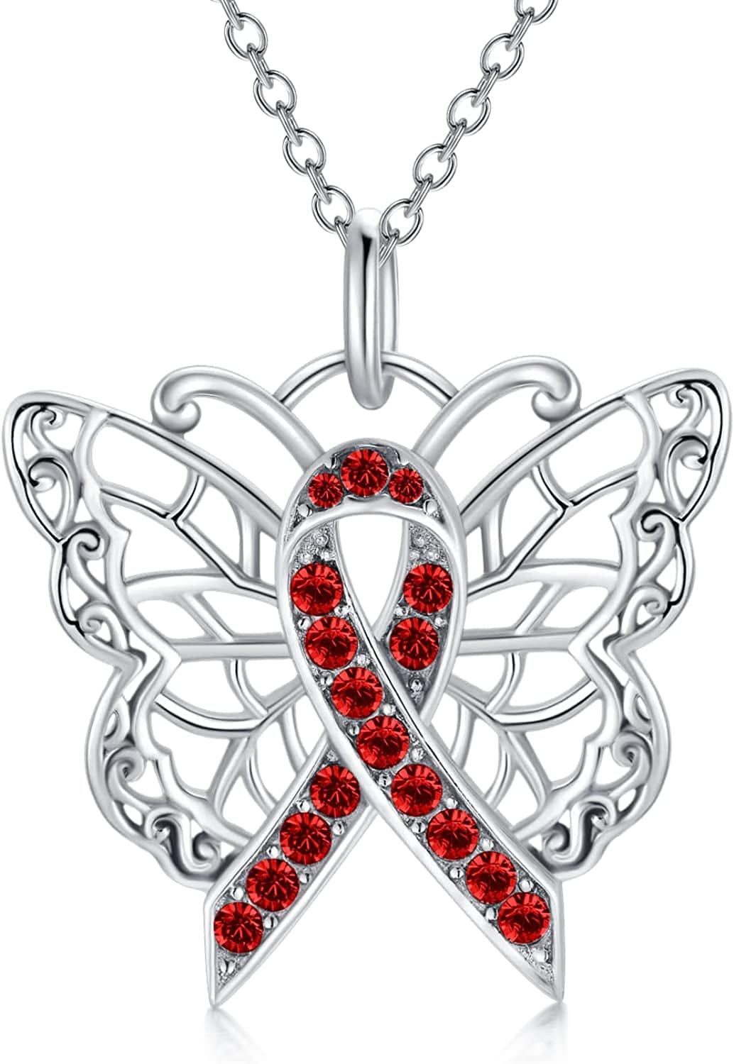 925 Sterling Silver Butterfly/Dragonfly Breast Cancer Awareness Pink Ribbon Pendant Necklace with Austrian Crystals, Breast Cancer Survivor Gifts for Women 01-Butterfly-red