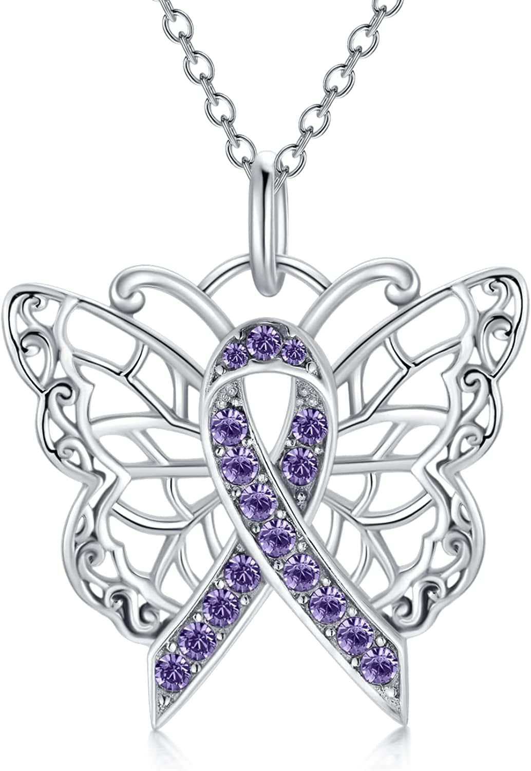 925 Sterling Silver Butterfly/Dragonfly Breast Cancer Awareness Pink Ribbon Pendant Necklace with Austrian Crystals, Breast Cancer Survivor Gifts for Women 01-Butterfly-lavender