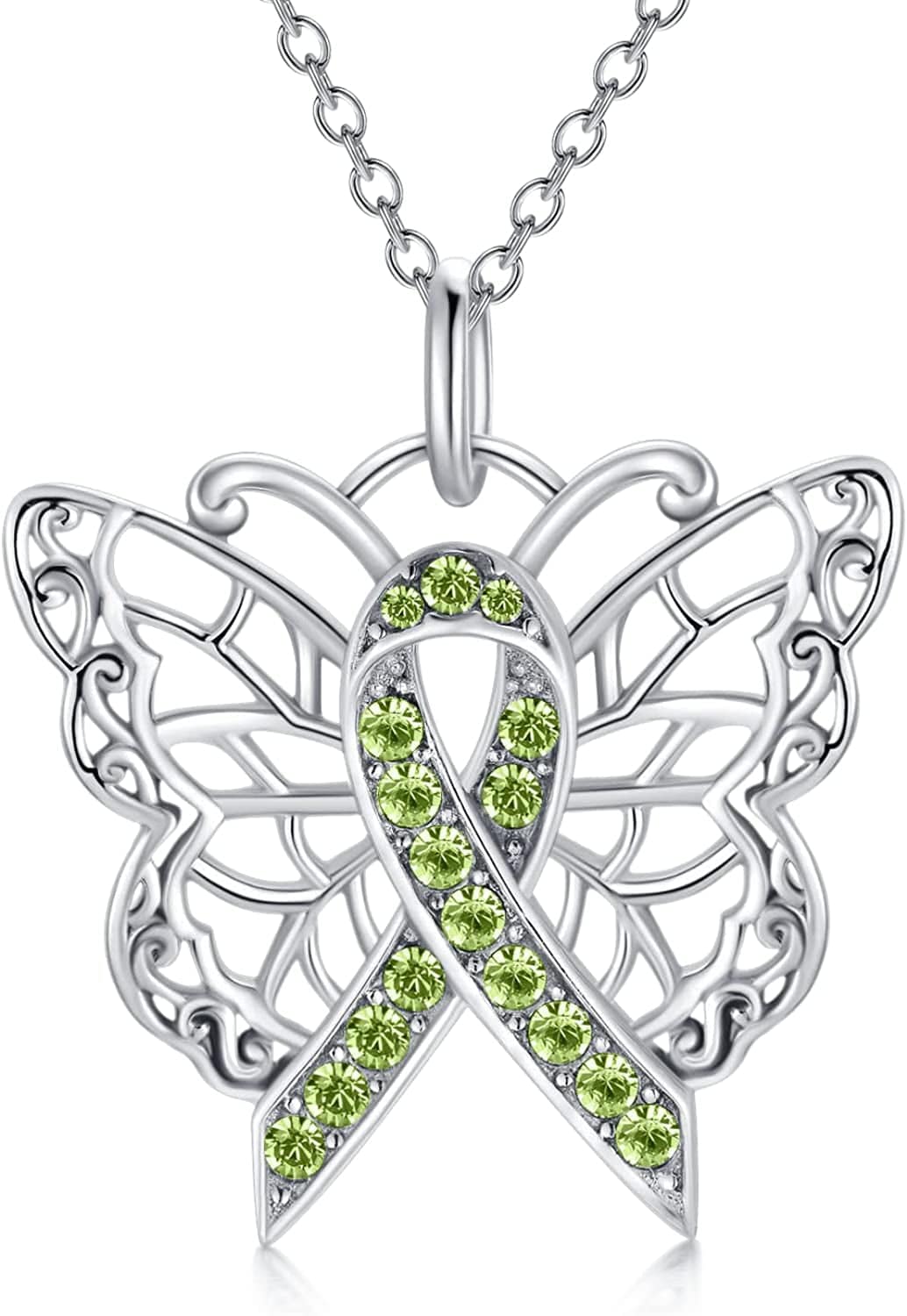 925 Sterling Silver Butterfly/Dragonfly Breast Cancer Awareness Pink Ribbon Pendant Necklace with Austrian Crystals, Breast Cancer Survivor Gifts for Women 01-Butterfly-green