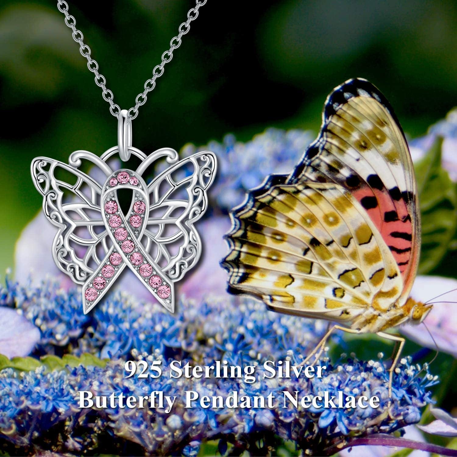 925 Sterling Silver Butterfly/Dragonfly Breast Cancer Awareness Pink Ribbon Pendant Necklace with Austrian Crystals, Breast Cancer Survivor Gifts for Women