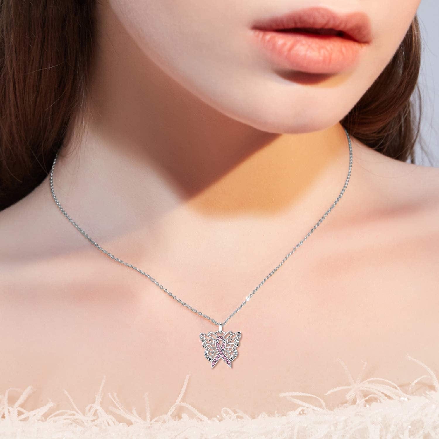 925 Sterling Silver Butterfly/Dragonfly Breast Cancer Awareness Pink Ribbon Pendant Necklace with Austrian Crystals, Breast Cancer Survivor Gifts for Women