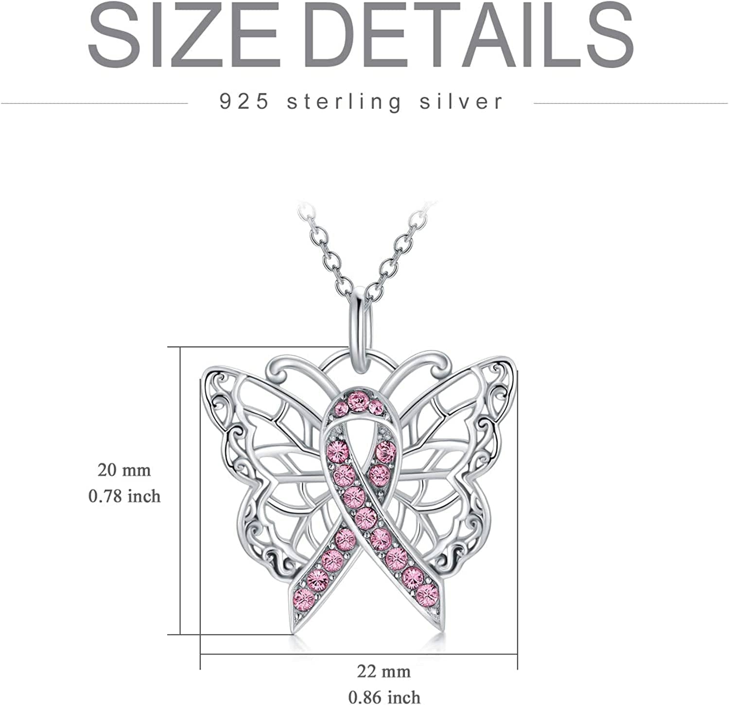 925 Sterling Silver Butterfly/Dragonfly Breast Cancer Awareness Pink Ribbon Pendant Necklace with Austrian Crystals, Breast Cancer Survivor Gifts for Women