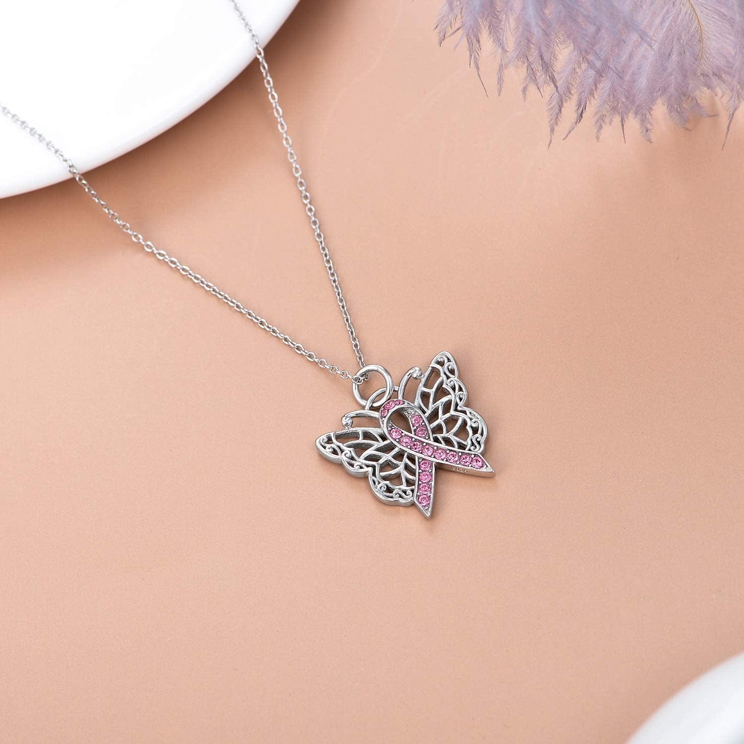 925 Sterling Silver Butterfly/Dragonfly Breast Cancer Awareness Pink Ribbon Pendant Necklace with Austrian Crystals, Breast Cancer Survivor Gifts for Women