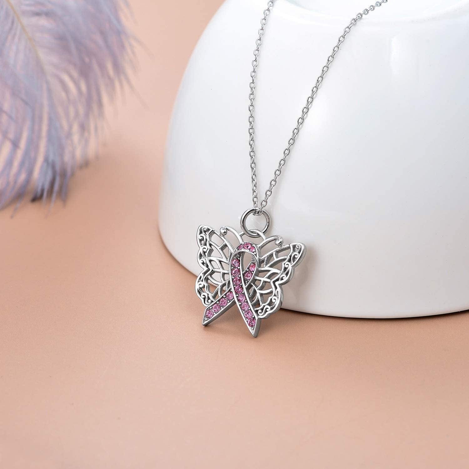 925 Sterling Silver Butterfly/Dragonfly Breast Cancer Awareness Pink Ribbon Pendant Necklace with Austrian Crystals, Breast Cancer Survivor Gifts for Women