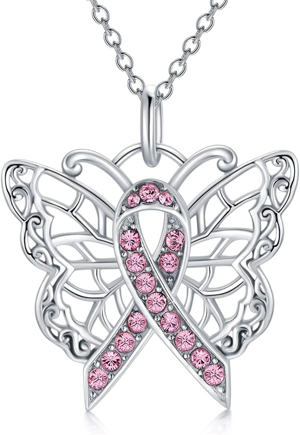 925 Sterling Silver Butterfly/Dragonfly Breast Cancer Awareness Pink Ribbon Pendant Necklace with Austrian Crystals, Breast Cancer Survivor Gifts for Women 01-Butterfly