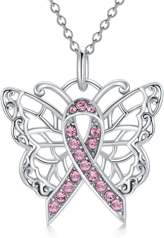 925 Sterling Silver Butterfly/Dragonfly Breast Cancer Awareness Pink Ribbon Pendant Necklace with Austrian Crystals, Breast Cancer Survivor Gifts for Women 01-Butterfly