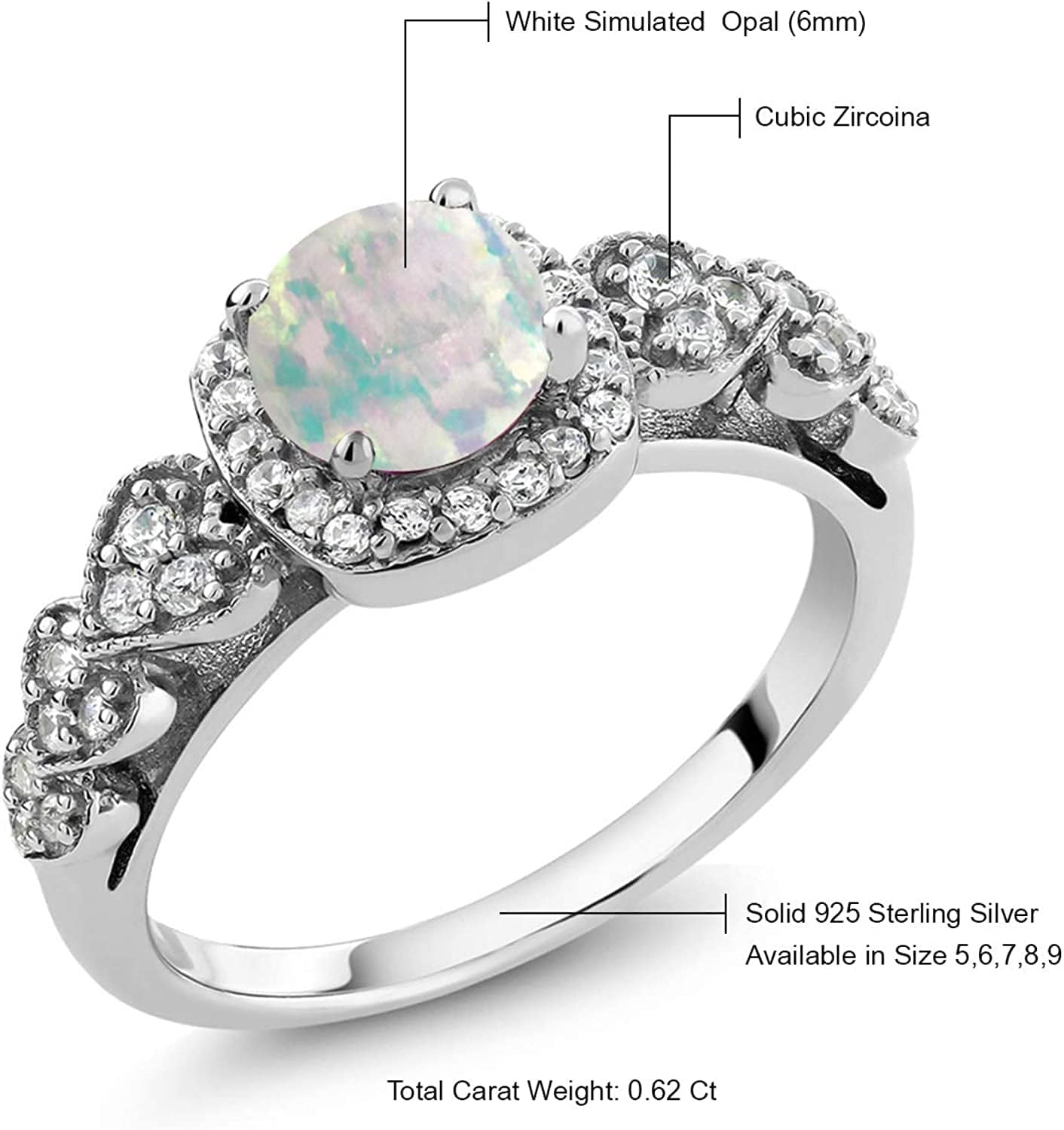 925 Sterling Silver Cabochon White Simulated Opal Women'S Ring 0.62 Ctw round (Available 5,6,7,8,9)