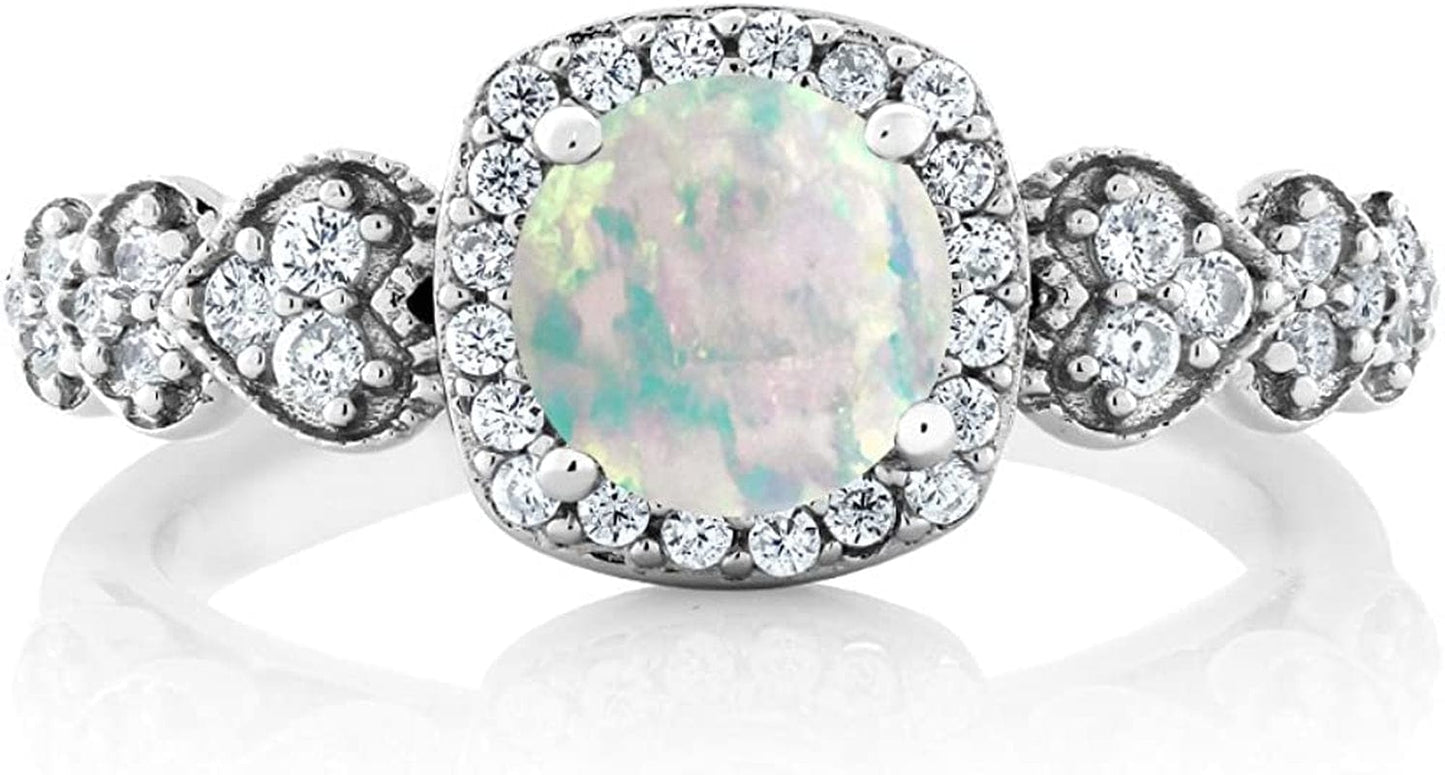 925 Sterling Silver Cabochon White Simulated Opal Women'S Ring 0.62 Ctw round (Available 5,6,7,8,9)