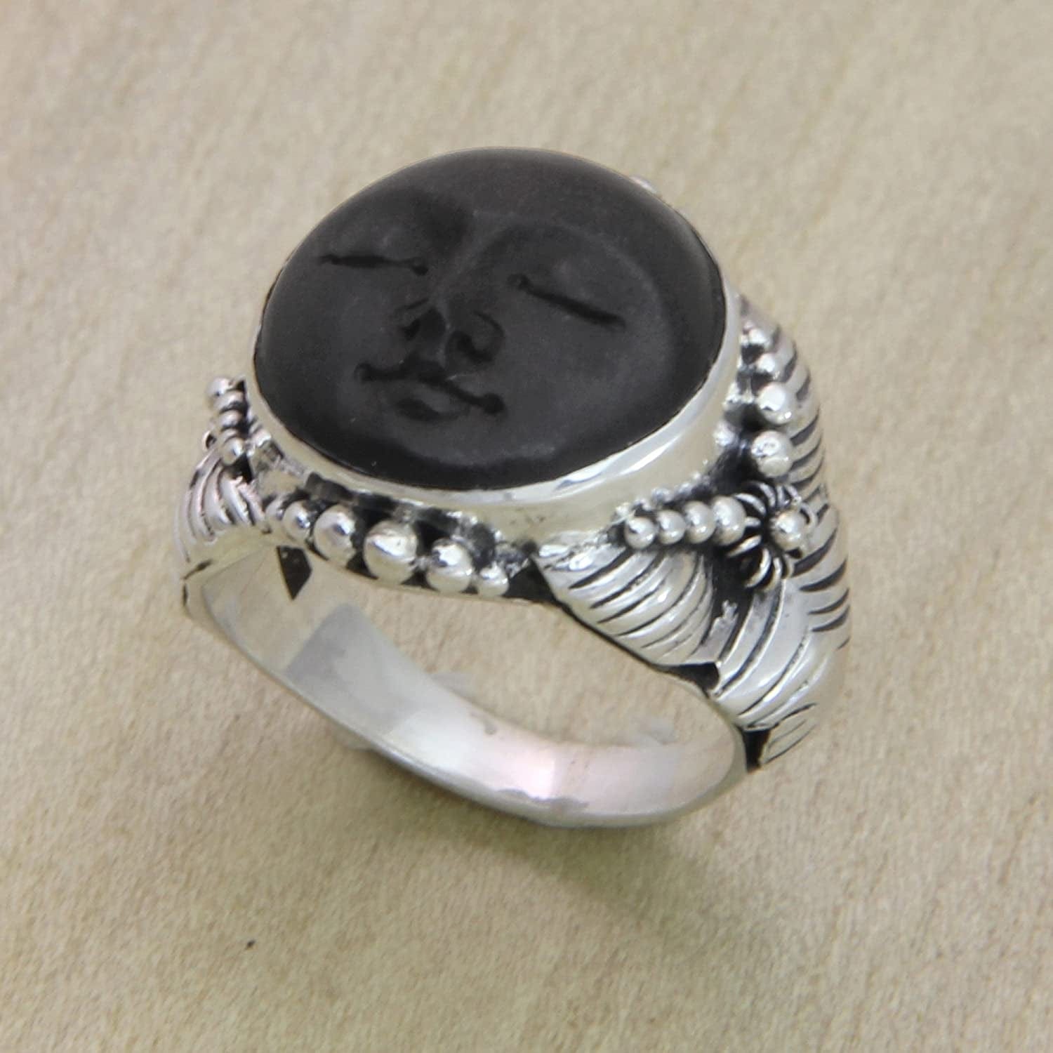 .925 Sterling Silver Carved Ebony Wood Ring 'Amun Ra'