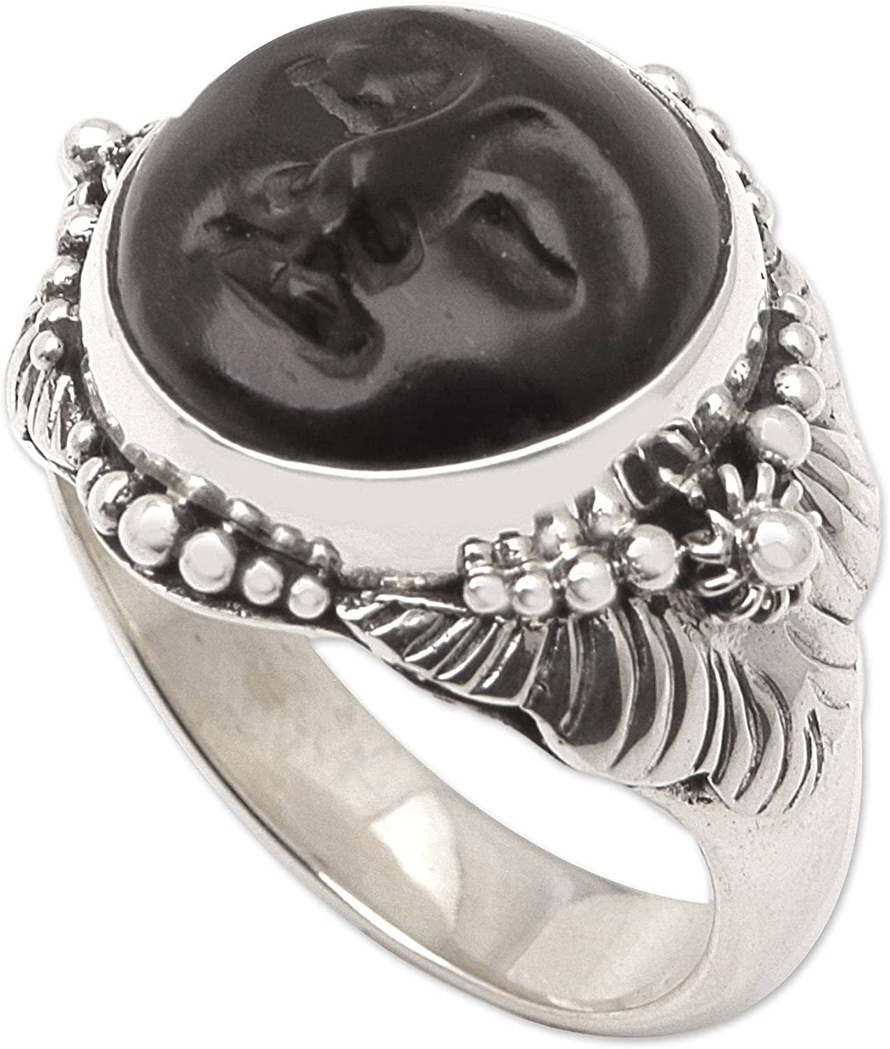 .925 Sterling Silver Carved Ebony Wood Ring 'Amun Ra' 10.5