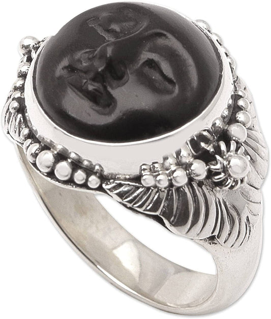 .925 Sterling Silver Carved Ebony Wood Ring 'Amun Ra' 10.5