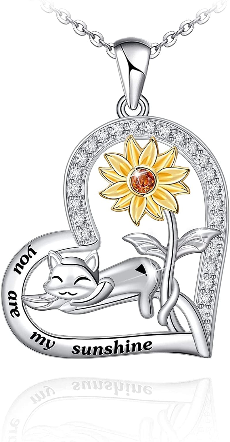 925 Sterling Silver Cat Necklace for Women Girl Celtic Moon Cat Love Heart Sunflower Pendant Necklace Birthday Mother'S Day Jewelry Gift for Mom Wife Girlfriend Daughter Sunflower with Cat