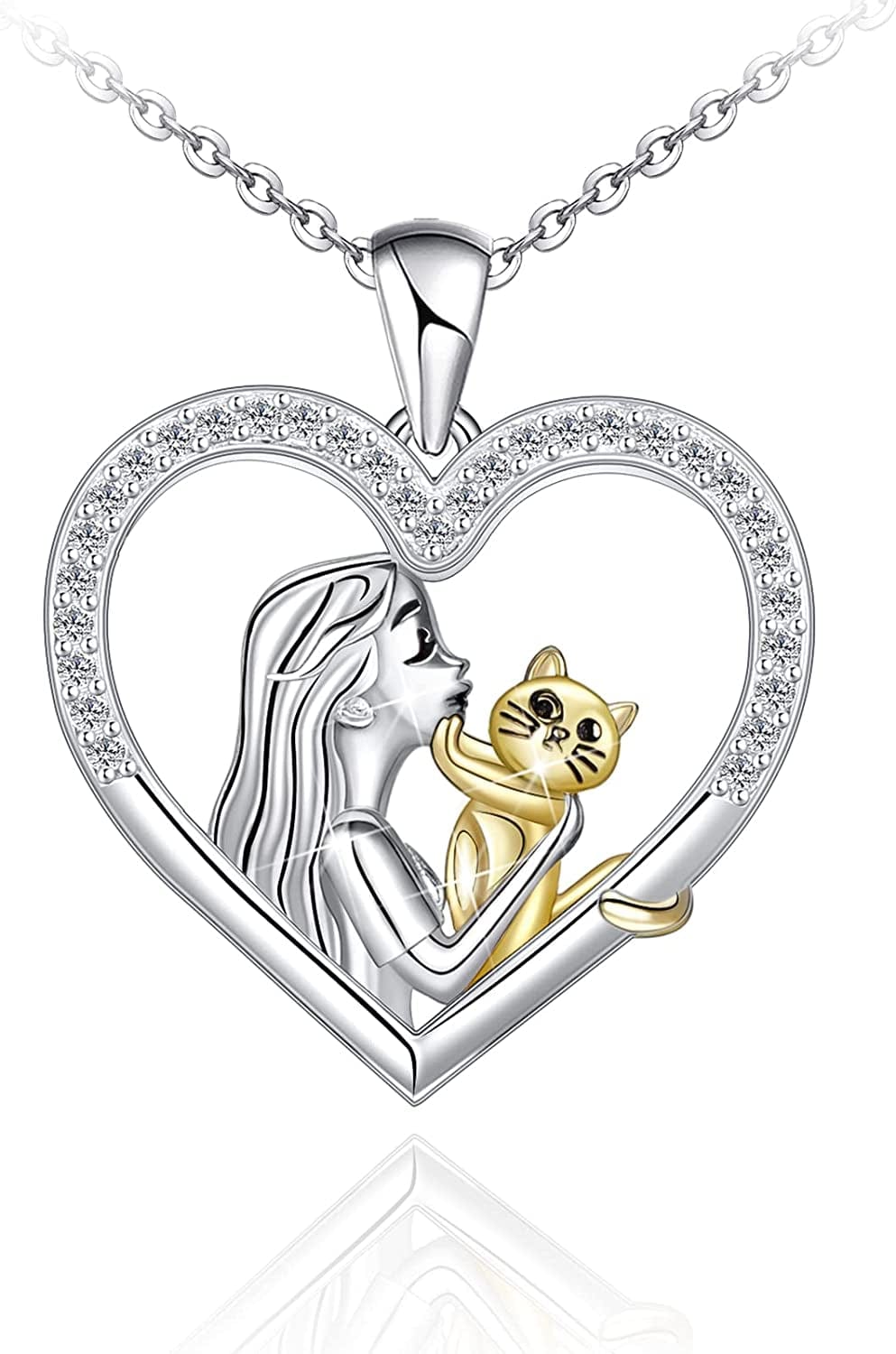 925 Sterling Silver Cat Necklace for Women Girl Celtic Moon Cat Love Heart Sunflower Pendant Necklace Birthday Mother'S Day Jewelry Gift for Mom Wife Girlfriend Daughter Gold Color Cat