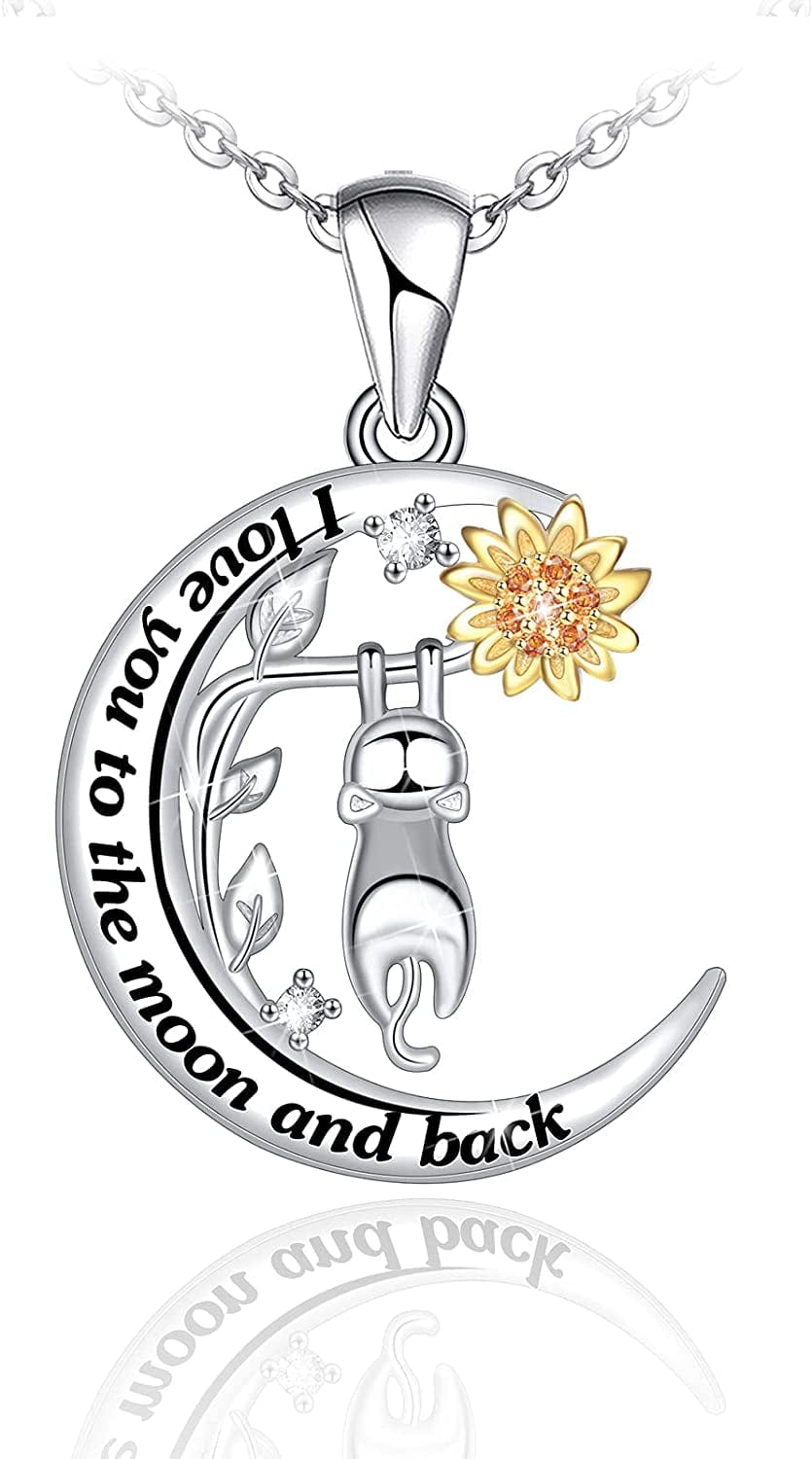 925 Sterling Silver Cat Necklace for Women Girl Celtic Moon Cat Love Heart Sunflower Pendant Necklace Birthday Mother'S Day Jewelry Gift for Mom Wife Girlfriend Daughter Moon with Sunflower Cat