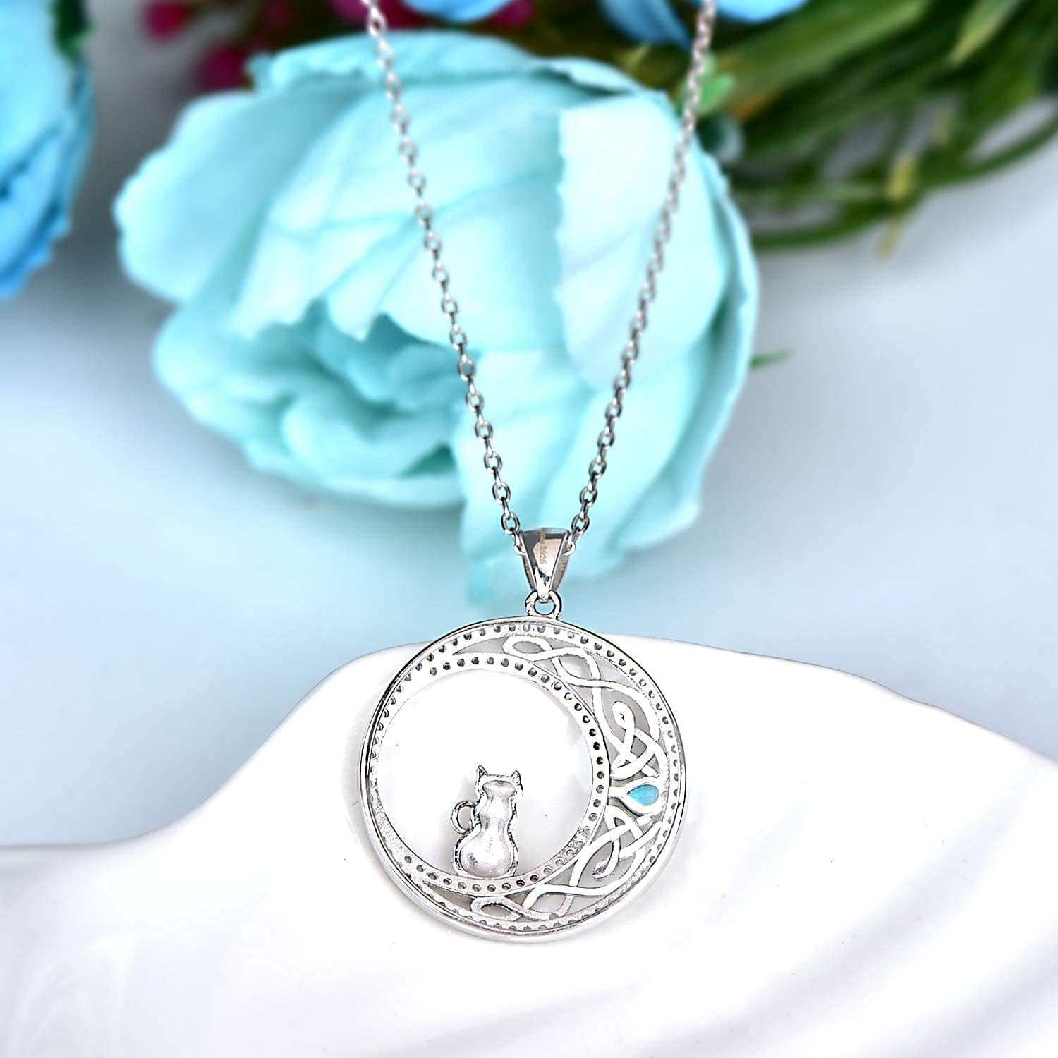 925 Sterling Silver Cat Necklace for Women Girl Celtic Moon Cat Love Heart Sunflower Pendant Necklace Birthday Mother'S Day Jewelry Gift for Mom Wife Girlfriend Daughter