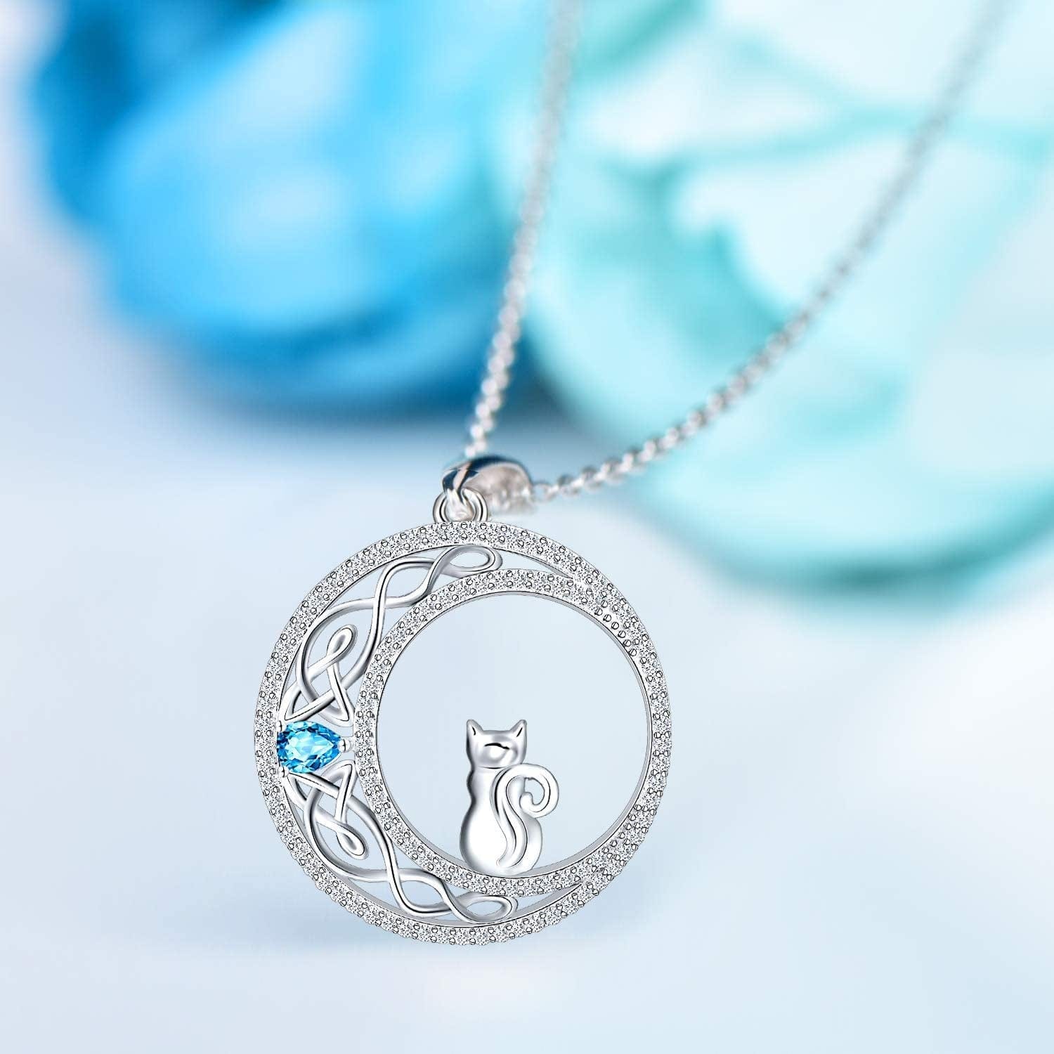 925 Sterling Silver Cat Necklace for Women Girl Celtic Moon Cat Love Heart Sunflower Pendant Necklace Birthday Mother'S Day Jewelry Gift for Mom Wife Girlfriend Daughter
