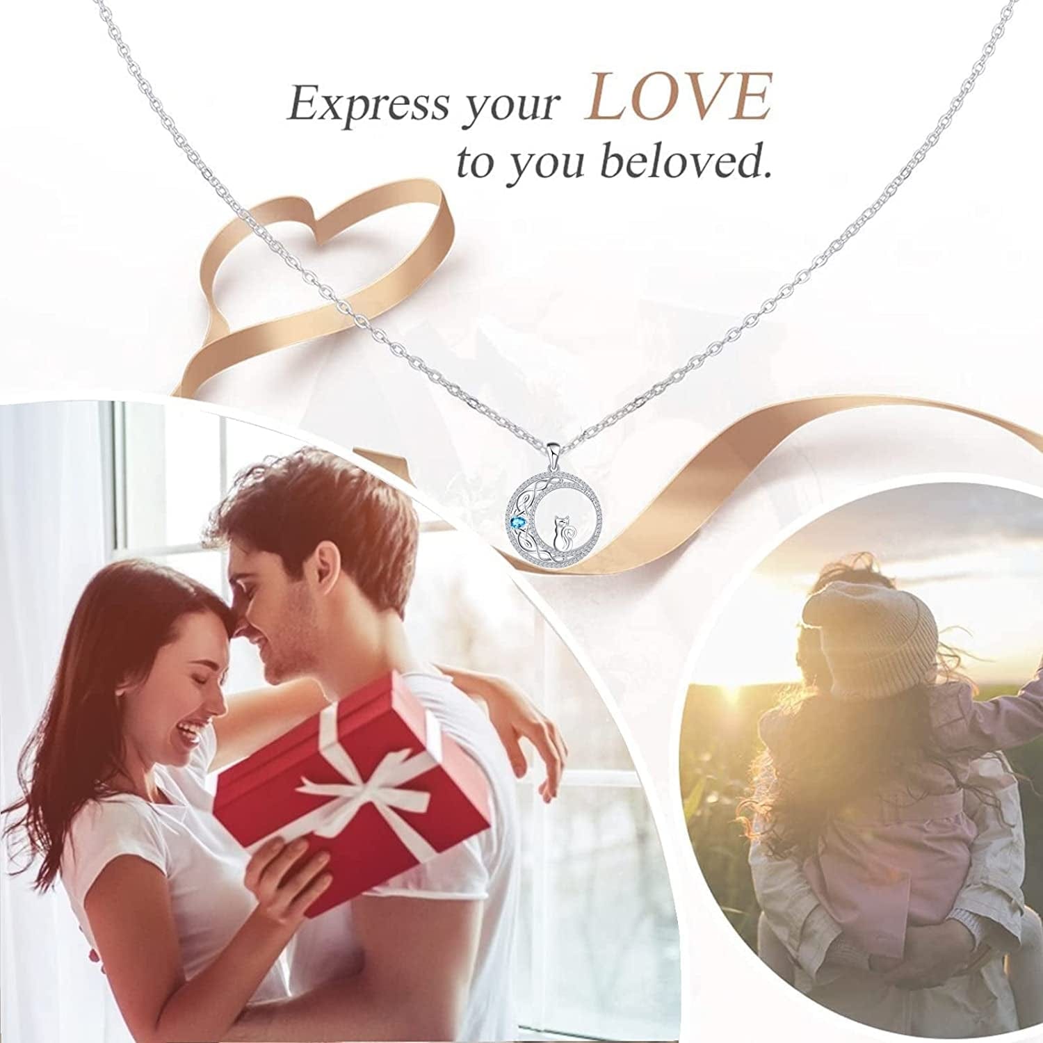 925 Sterling Silver Cat Necklace for Women Girl Celtic Moon Cat Love Heart Sunflower Pendant Necklace Birthday Mother'S Day Jewelry Gift for Mom Wife Girlfriend Daughter