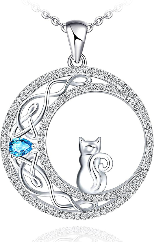 925 Sterling Silver Cat Necklace for Women Girl Celtic Moon Cat Love Heart Sunflower Pendant Necklace Birthday Mother'S Day Jewelry Gift for Mom Wife Girlfriend Daughter One Cat