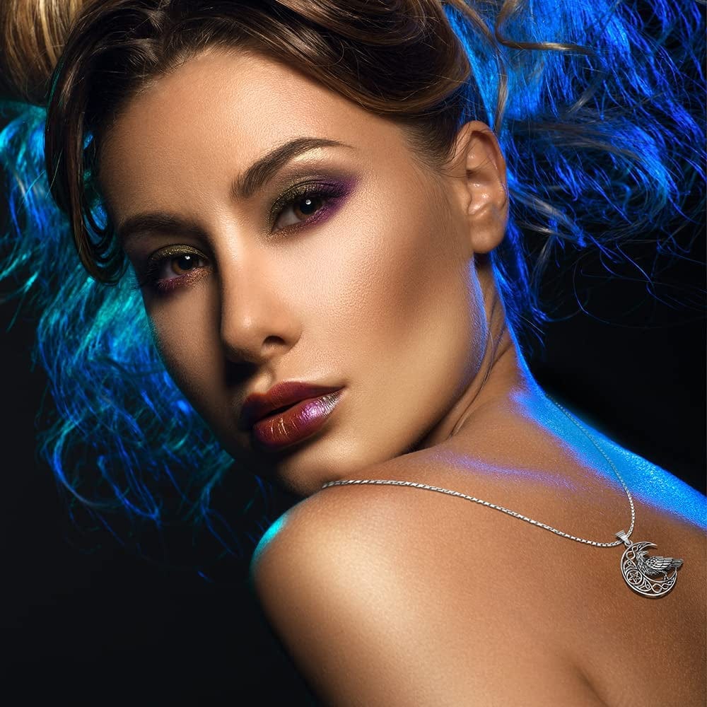 925 Sterling Silver Celtic Crescent Moon Raven Pendant Necklace, 18"