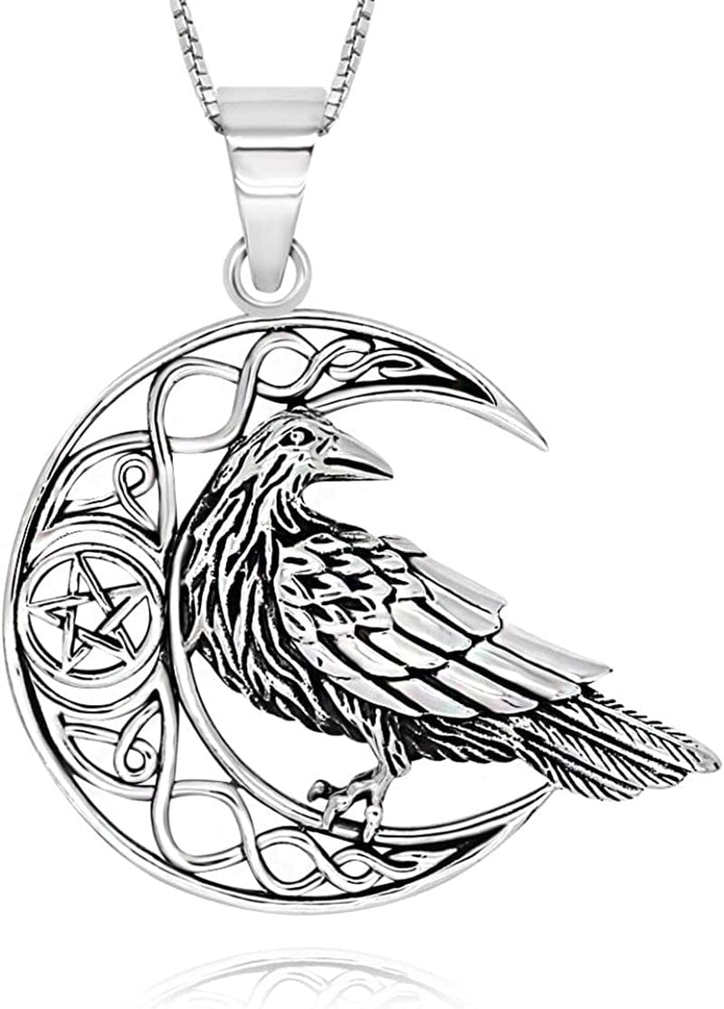 925 Sterling Silver Celtic Crescent Moon Raven Pendant Necklace, 18"