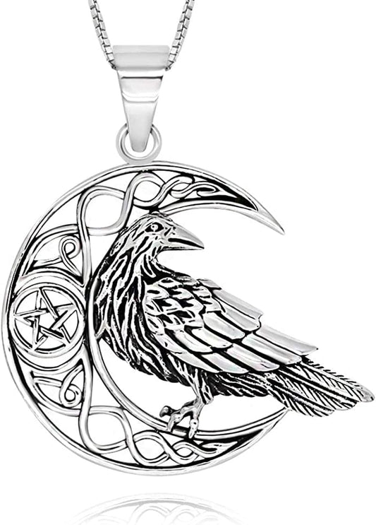 925 Sterling Silver Celtic Crescent Moon Raven Pendant Necklace, 18"