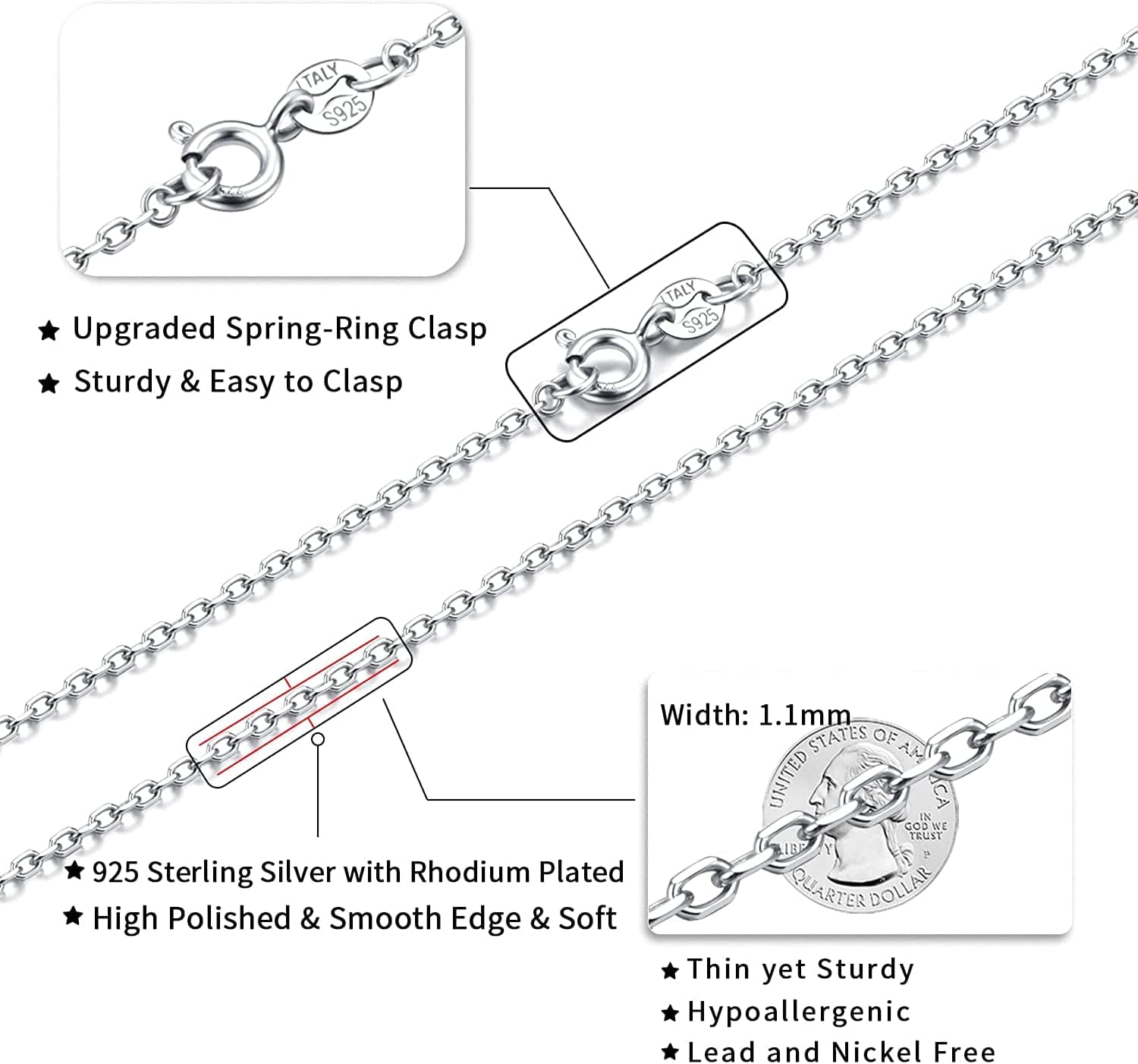 925 Sterling Silver Chain Necklace Chain for Women Girls 1.1Mm Cable Chain Necklace Upgraded Spring-Ring Clasp - Thin & Sturdy - Italian Quality 16/18/20/22/24 Inch