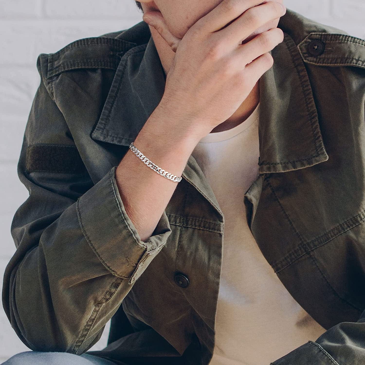 925 Sterling Silver Clasp 5Mm Cuban Link Chain Bracelets for Men Solid Diamond Cut Silver Bracelet for Men Mens Bracelet Chain Bracelets for Men Jewelry Men Gifts Apparel & Accessories > Jewelry > Bracelets BRIJEWNES