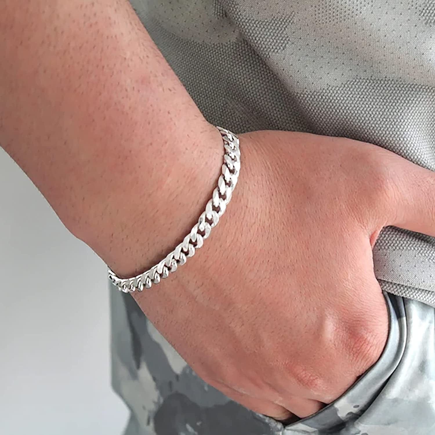 925 Sterling Silver Clasp 5Mm Cuban Link Chain Bracelets for Men Solid Diamond Cut Silver Bracelet for Men Mens Bracelet Chain Bracelets for Men Jewelry Men Gifts Apparel & Accessories > Jewelry > Bracelets BRIJEWNES