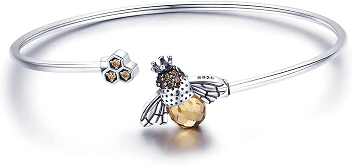 925 Sterling Silver Cute Bee Drop Earrings and Necklace Pendant Charm for Women Girls Bee Jewelry Set bee bangle