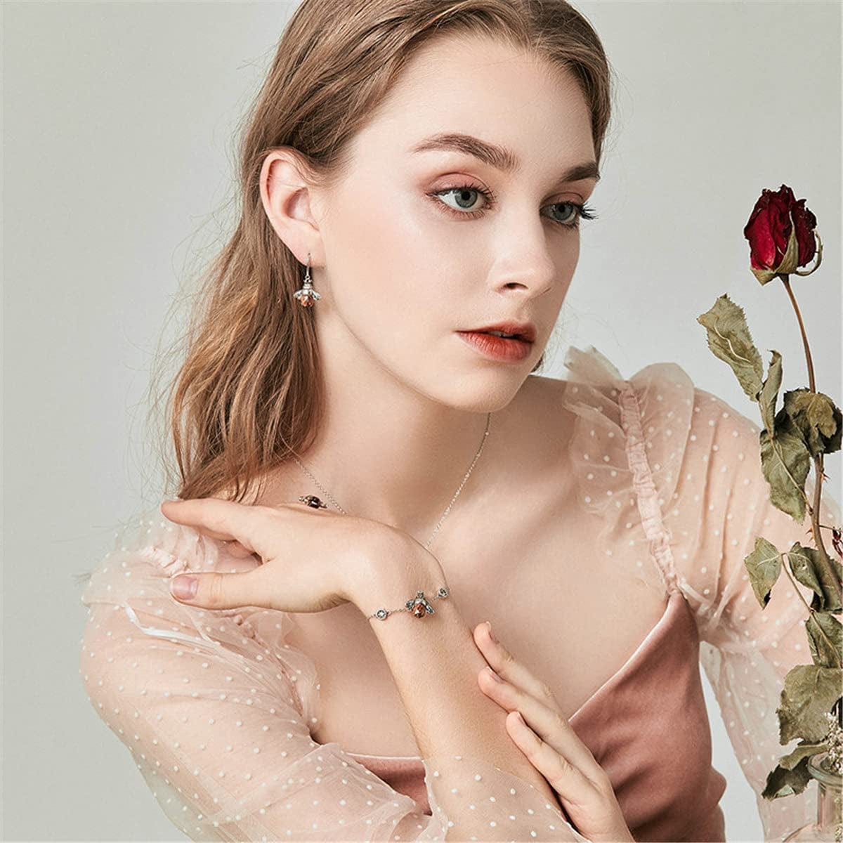 925 Sterling Silver Cute Bee Drop Earrings and Necklace Pendant Charm for Women Girls Bee Jewelry Set