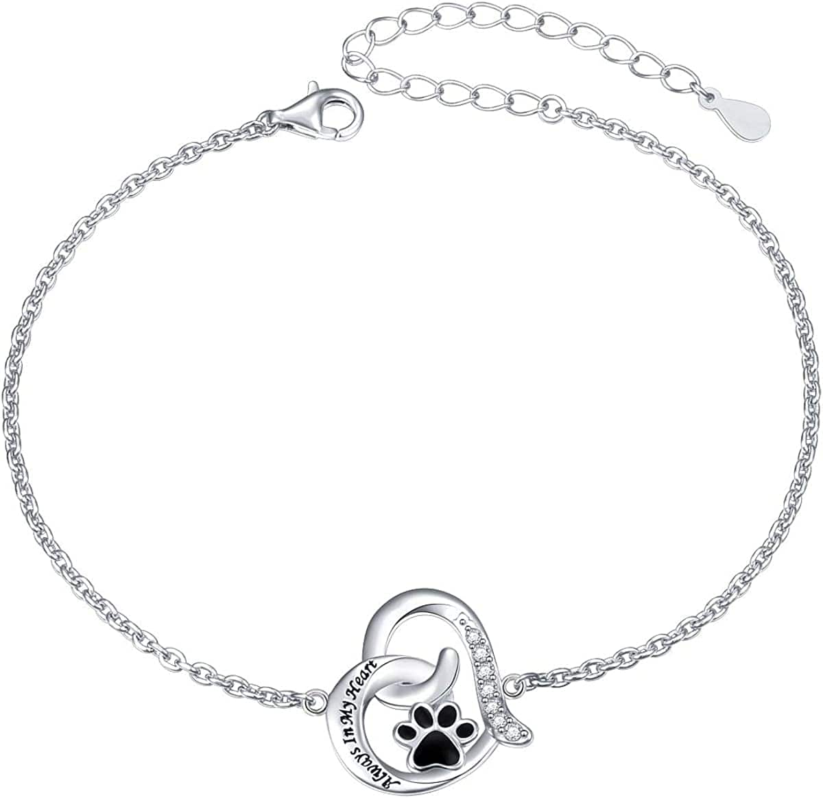925 Sterling Silver Cute Paw Print Forever Love Heart Pendant Necklace/Bracelet/Stud Earrings Gift for Women Teen Girls, Box Chain 18" Paw Bracelet