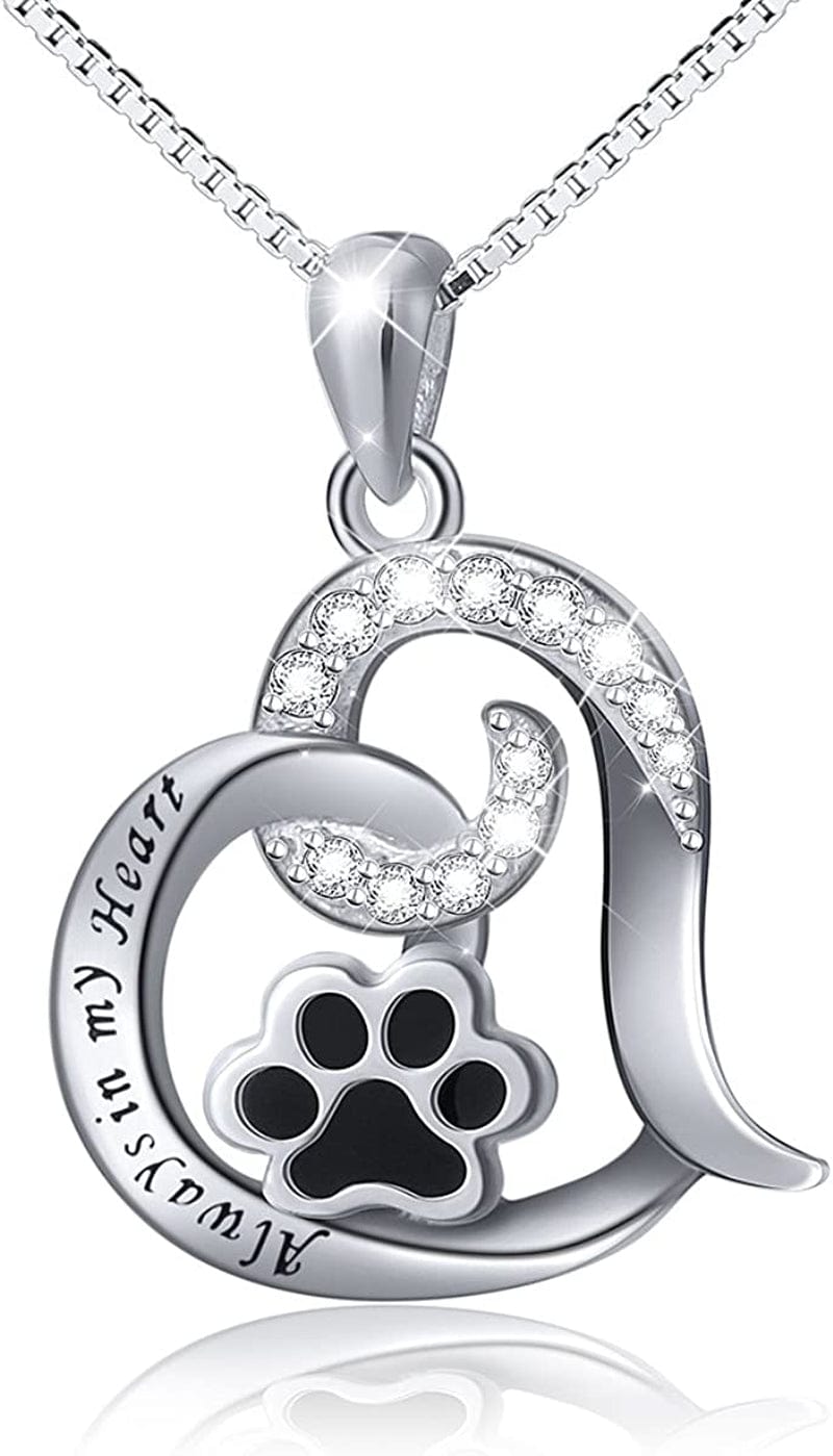 925 Sterling Silver Cute Paw Print Forever Love Heart Pendant Necklace/Bracelet/Stud Earrings Gift for Women Teen Girls, Box Chain 18" Engraved Always in my heart