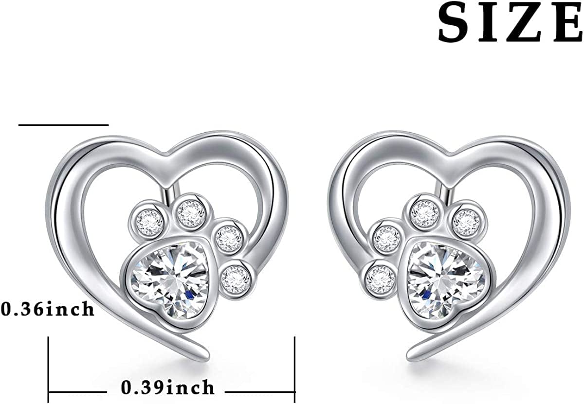 925 Sterling Silver Cute Paw Print Forever Love Heart Pendant Necklace/Bracelet/Stud Earrings Gift for Women Teen Girls, Box Chain 18"