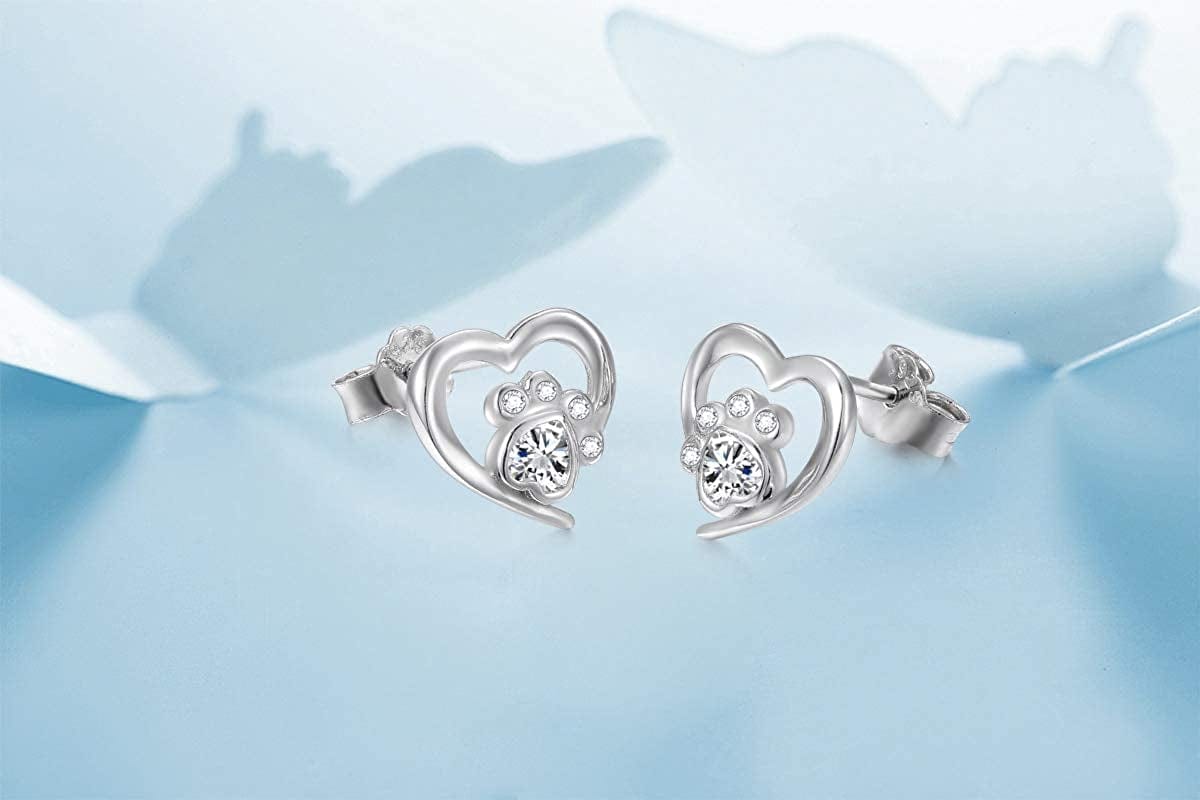 925 Sterling Silver Cute Paw Print Forever Love Heart Pendant Necklace/Bracelet/Stud Earrings Gift for Women Teen Girls, Box Chain 18"