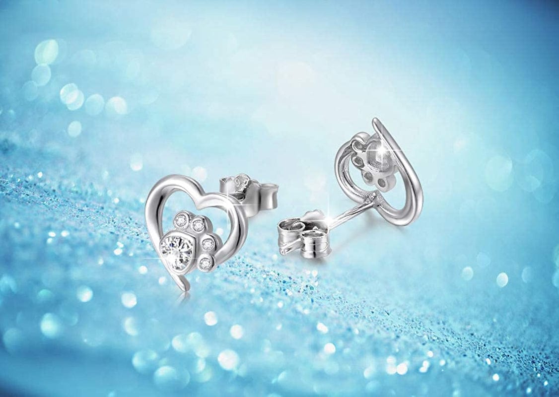 925 Sterling Silver Cute Paw Print Forever Love Heart Pendant Necklace/Bracelet/Stud Earrings Gift for Women Teen Girls, Box Chain 18"