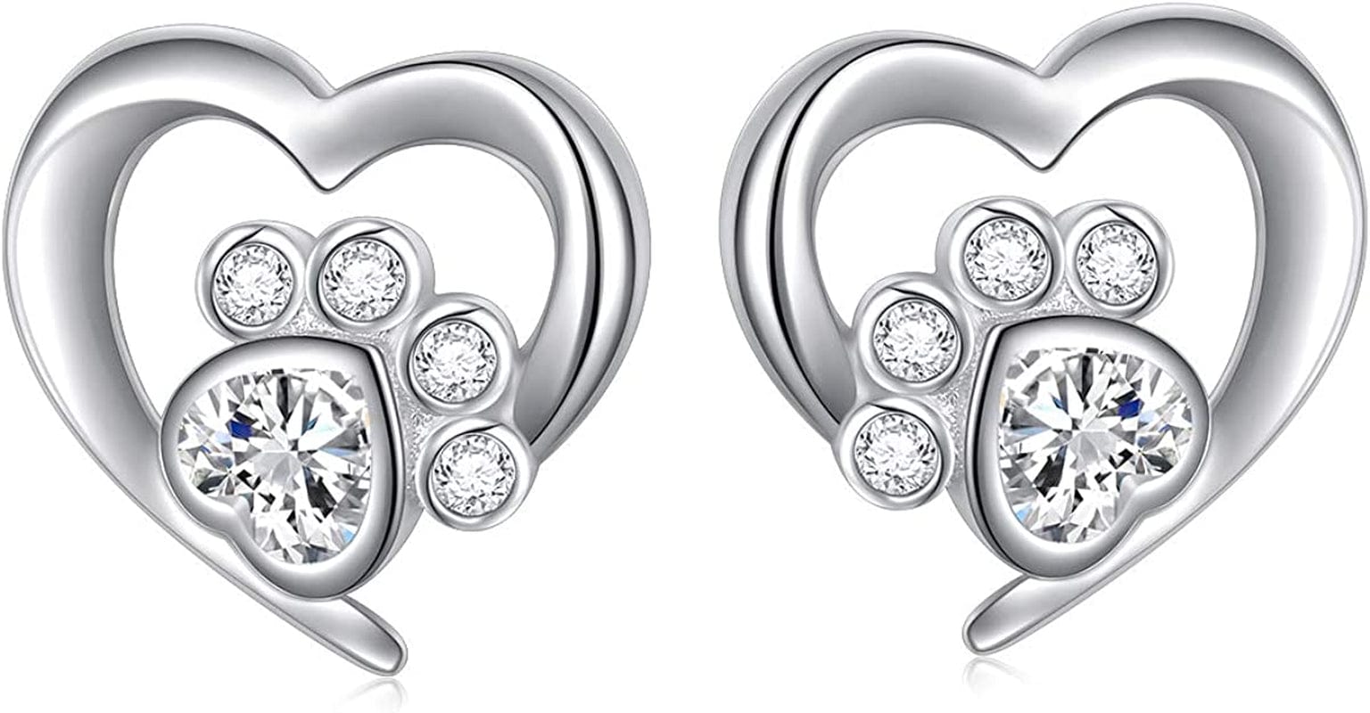 925 Sterling Silver Cute Paw Print Forever Love Heart Pendant Necklace/Bracelet/Stud Earrings Gift for Women Teen Girls, Box Chain 18" Paw Stud