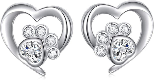 925 Sterling Silver Cute Paw Print Forever Love Heart Pendant Necklace/Bracelet/Stud Earrings Gift for Women Teen Girls, Box Chain 18" Paw Stud