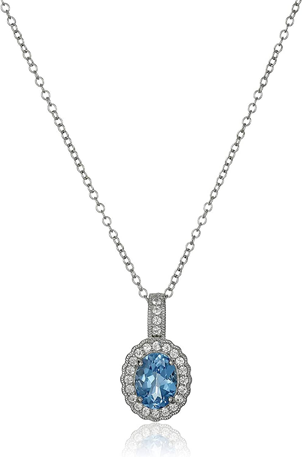 925 Sterling Silver December Birthstone Genuine Sky Blue Topaz and White Topaz Halo or Double Halo Pendant Necklace, 18" Oval Halo