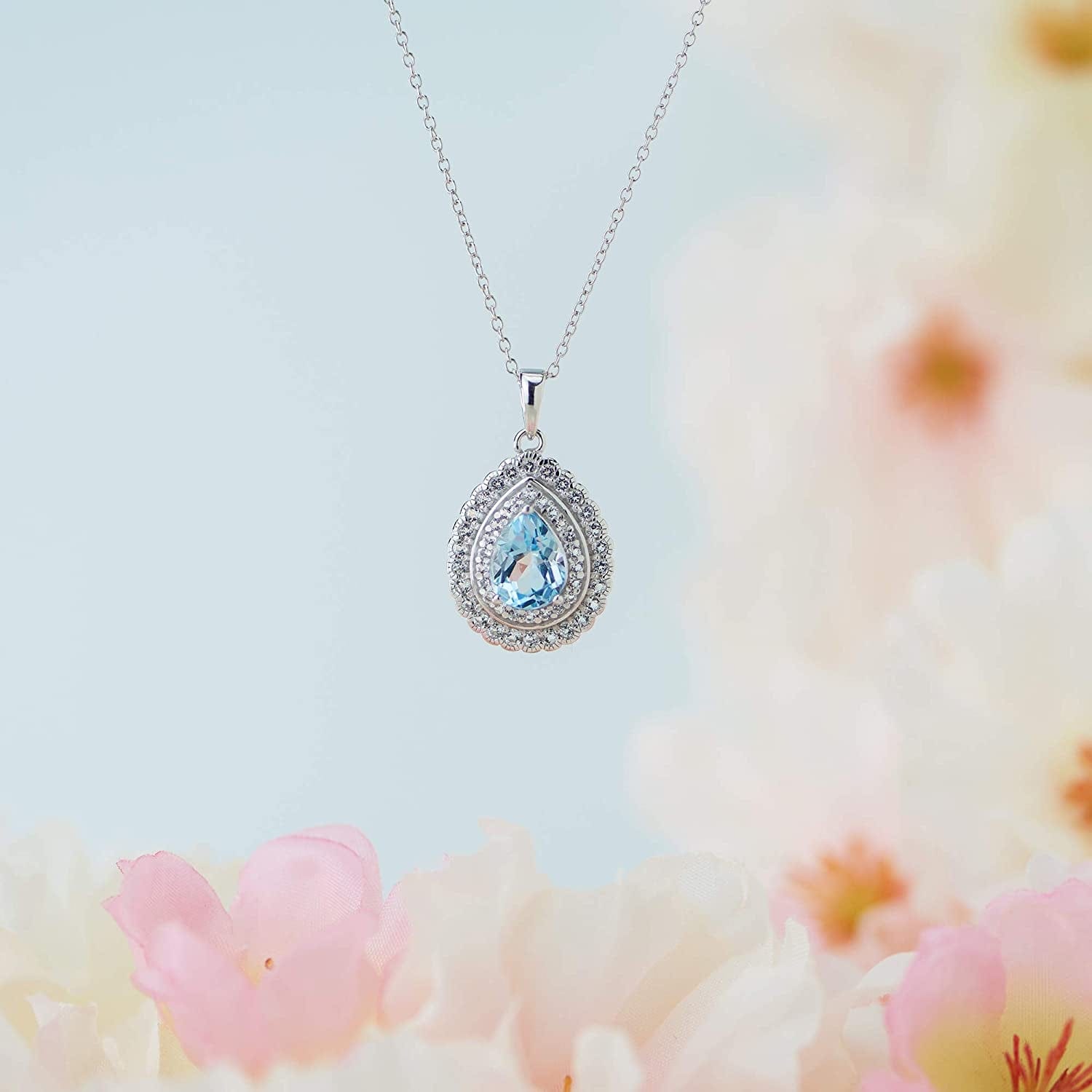 925 Sterling Silver December Birthstone Genuine Sky Blue Topaz and White Topaz Halo or Double Halo Pendant Necklace, 18"