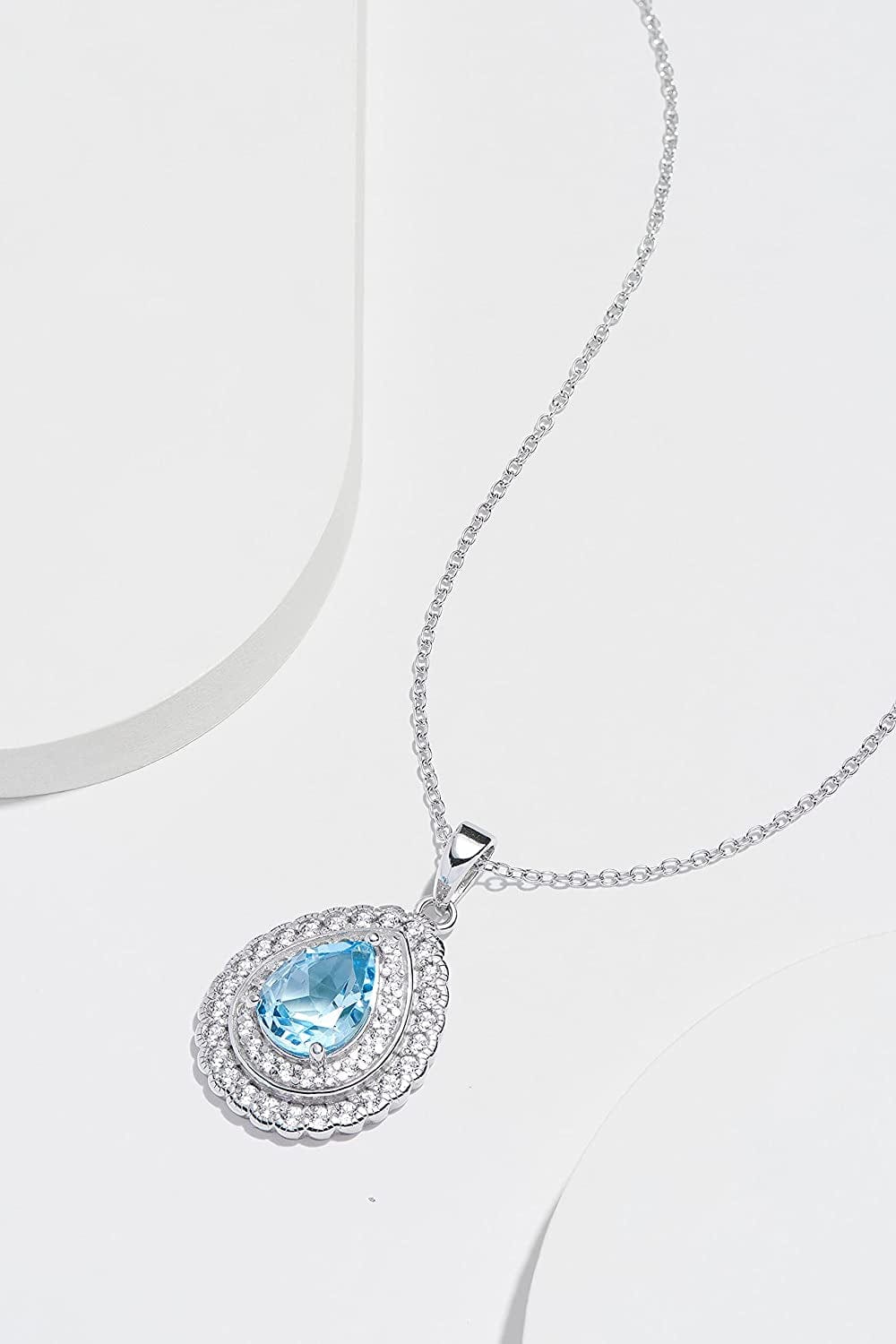 925 Sterling Silver December Birthstone Genuine Sky Blue Topaz and White Topaz Halo or Double Halo Pendant Necklace, 18"