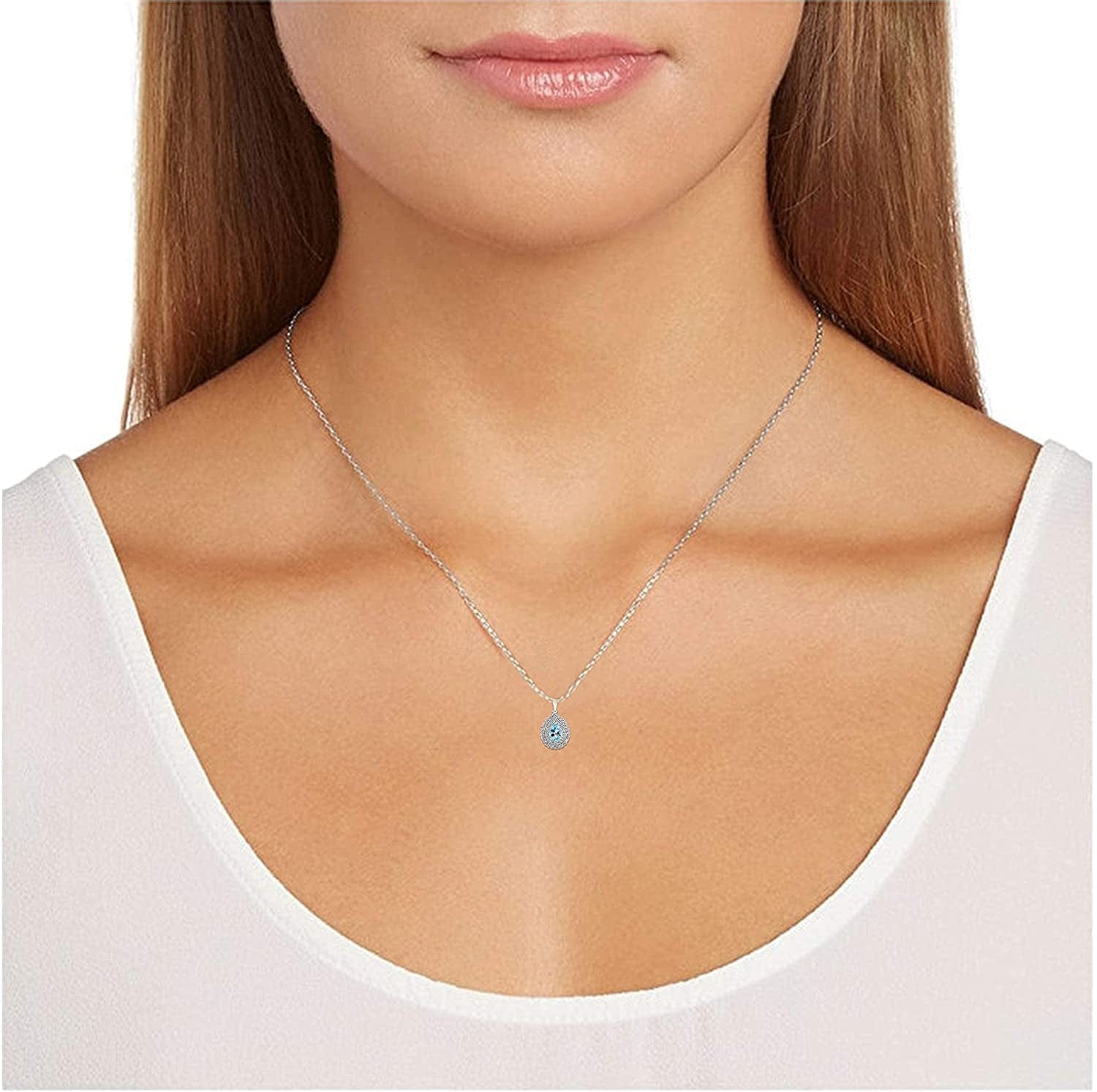 925 Sterling Silver December Birthstone Genuine Sky Blue Topaz and White Topaz Halo or Double Halo Pendant Necklace, 18"